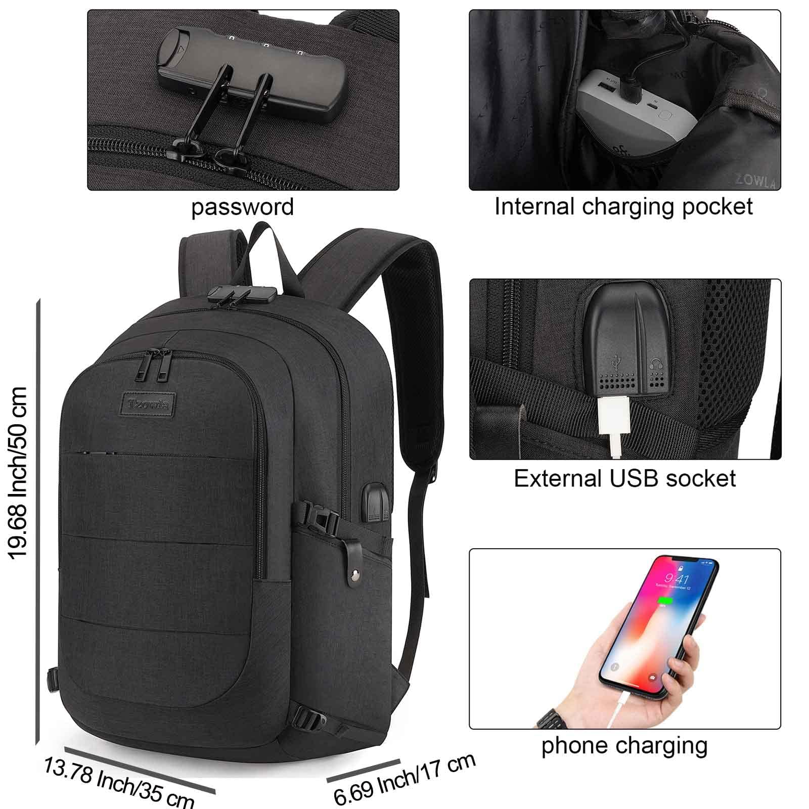 Foto 3 | Mochila Para Portátil Tzowla Antirrobo, Resistente Al Agua, 17.3 Pulgadas, Negra - Venta Internacional.