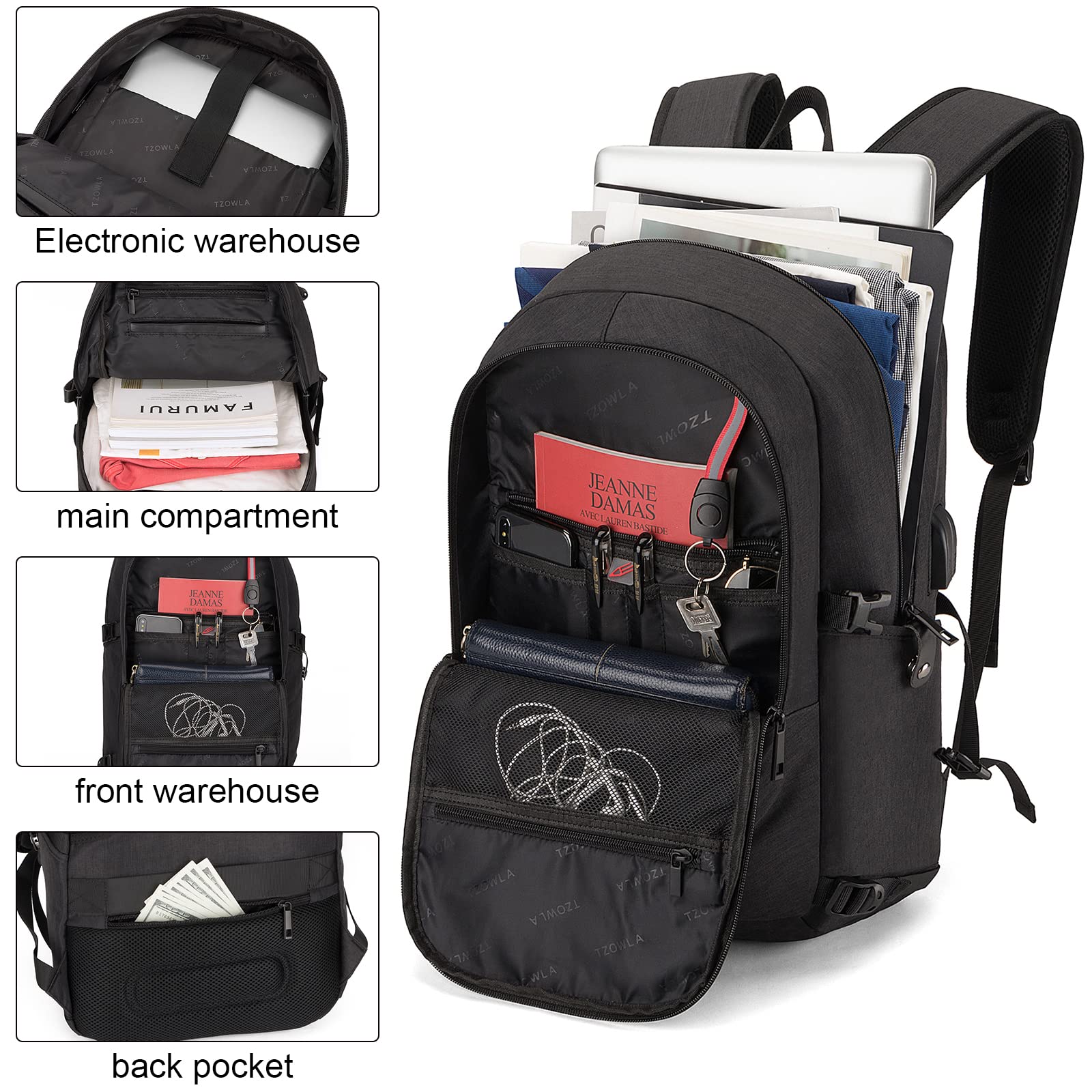 Foto 5 | Mochila Para Portátil Tzowla Antirrobo, Resistente Al Agua, 17.3 Pulgadas, Negra - Venta Internacional.