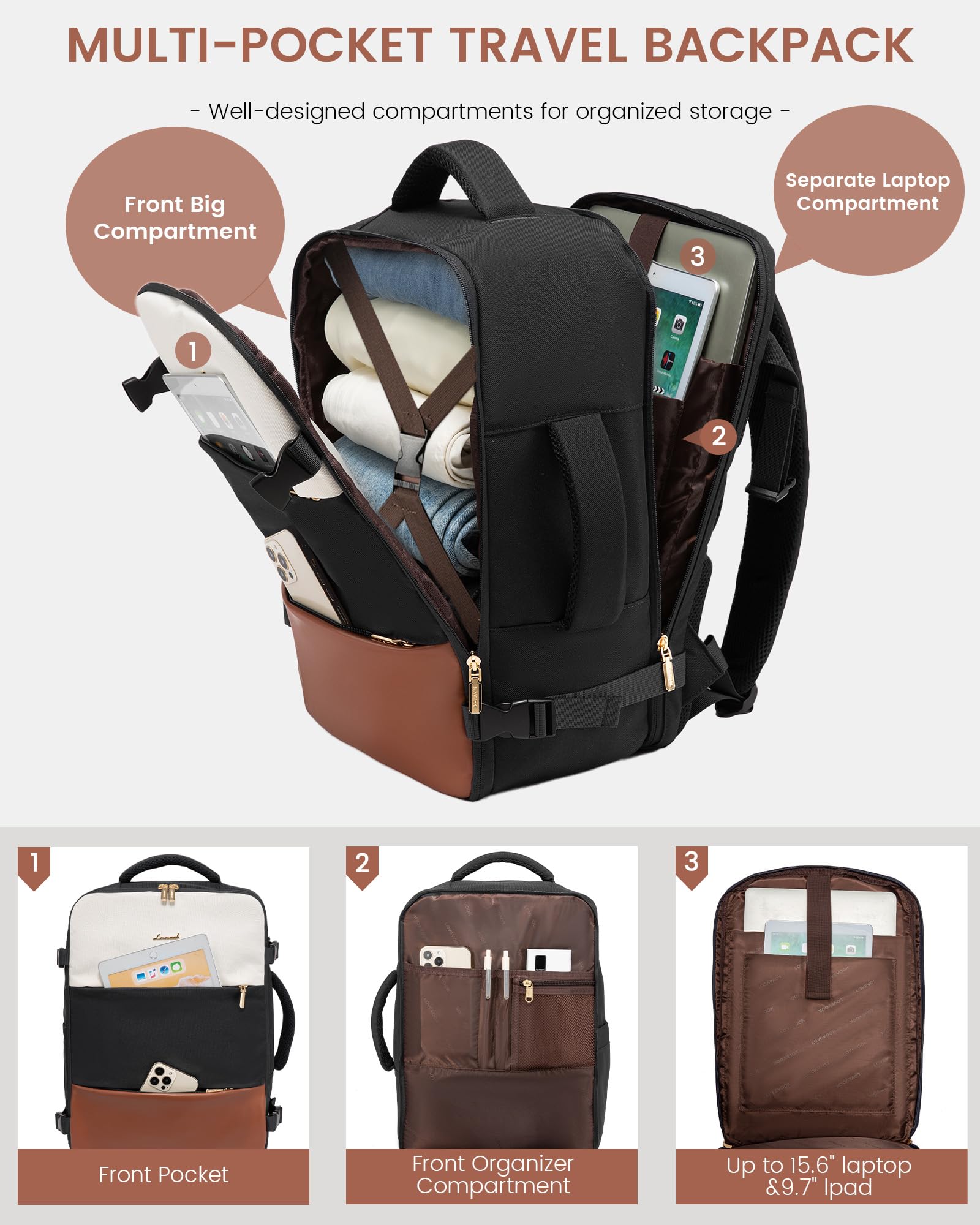 Foto 5 pulgar | Mochila De Viaje Lovevook Para Mujer Con Cubos De Embalaje De 35 L, Color Beige - Venta Internacional.