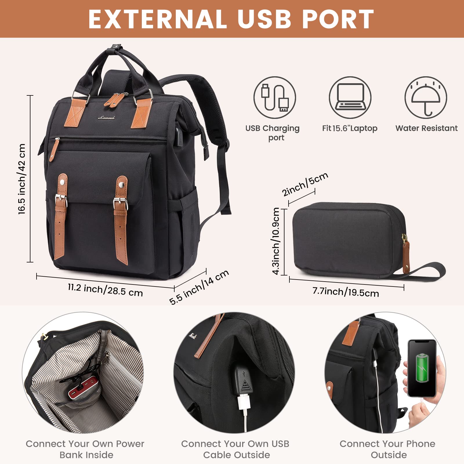 Foto 3 | Mochila Para Portátil Lovevook Para Mujer, Trabajo, Viajes, 15.6 Pulgadas, Negro-marrón - Venta Internacional.