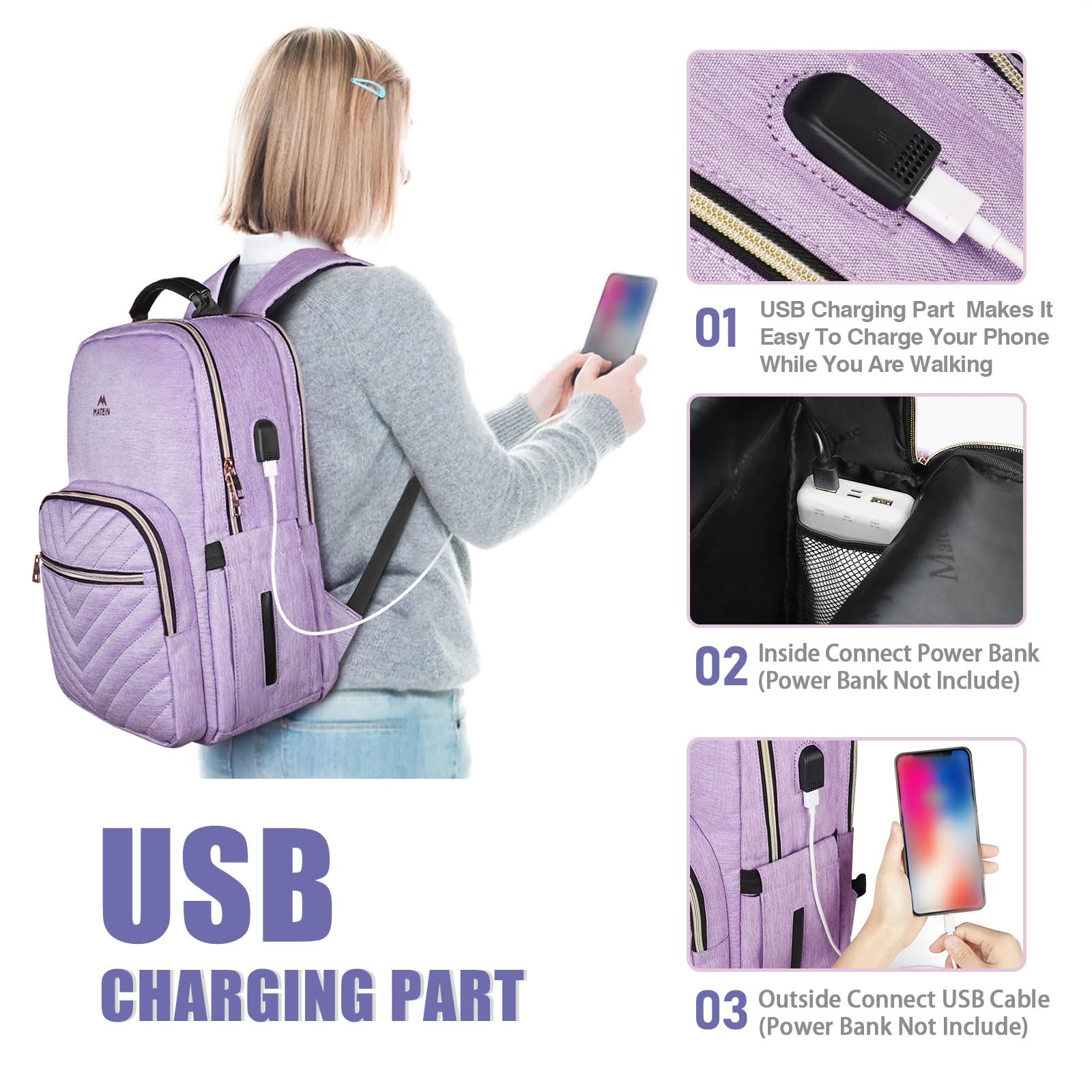 Foto 4 pulgar | Mochila Para Portátil Matein Para Mujer De 15,6 Pulgadas Con Puerto Usb, Color Morado - Venta Internacional.