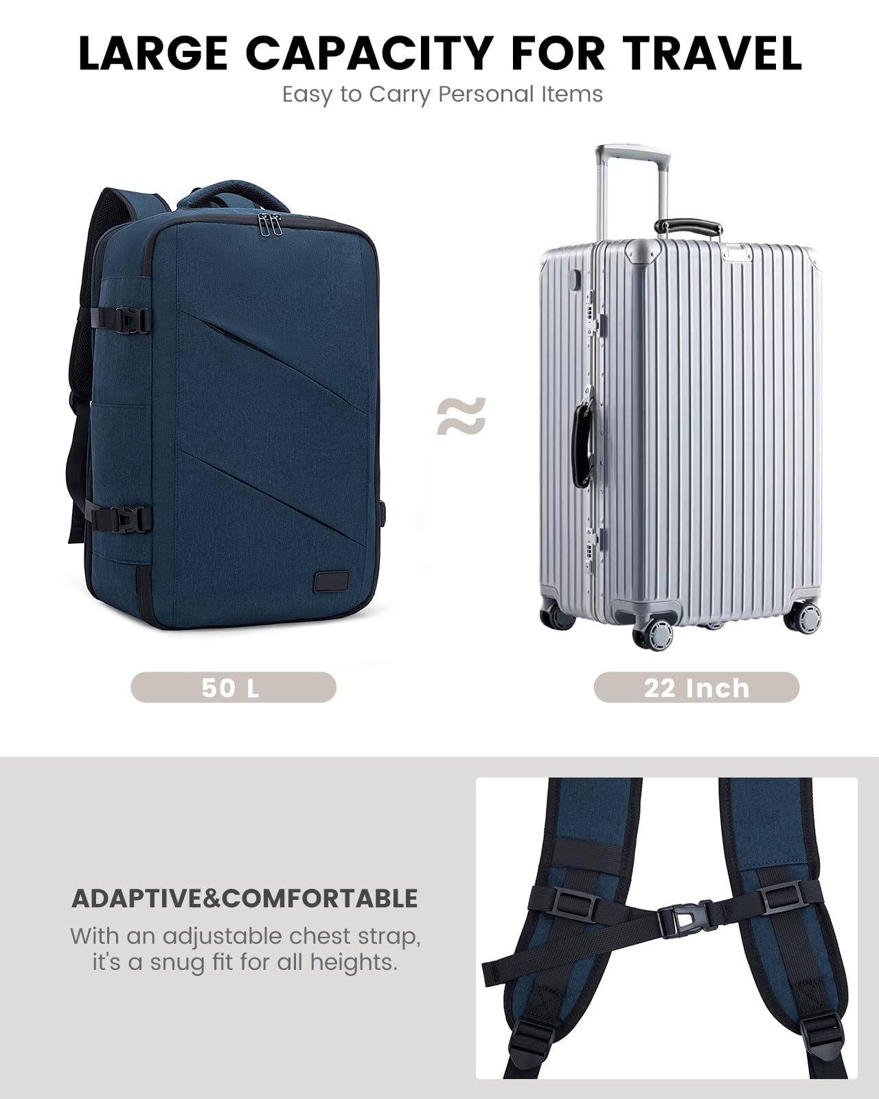 Foto 8 pulgar | Mochila de Viaje Lovevook Carry On 50 L con Puerto USB Azul Marino - Venta Internacional