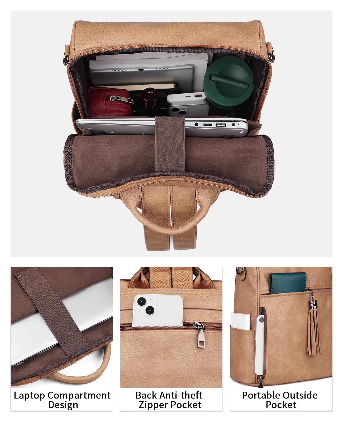 Foto 2 | Mochila para Portátil Fadeon Leather 15.6 "Marrón para Mujer - Venta Internacional