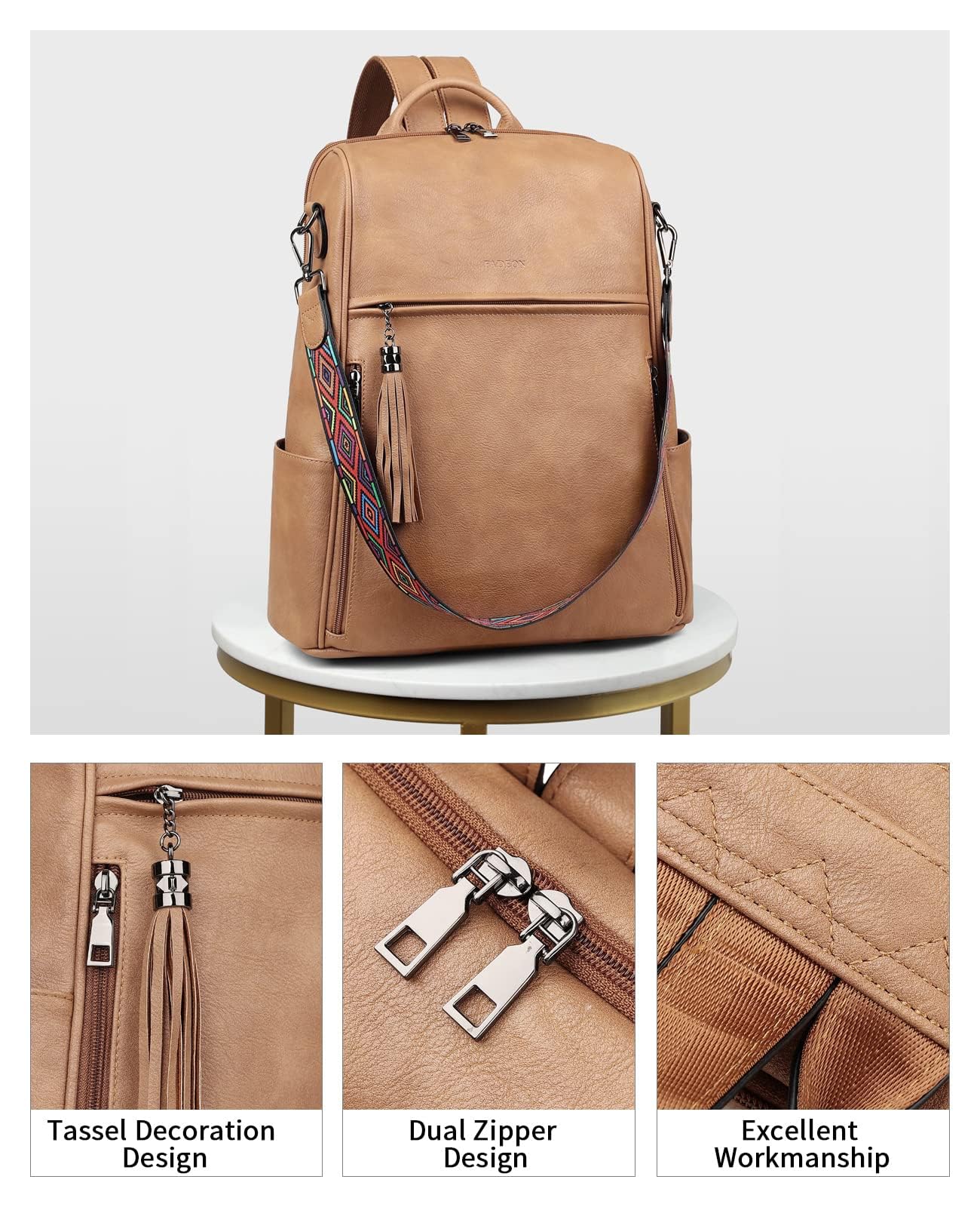 Foto 5 pulgar | Mochila para Portátil Fadeon Leather 15.6 "Marrón para Mujer - Venta Internacional