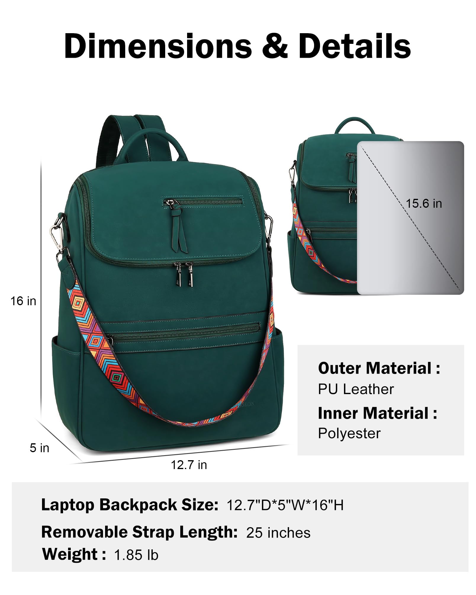 Foto 2 | Mochila para Portátil Fadeon Leather Travel Green 15.6 Pulgadas para Mujer - Venta Internacional