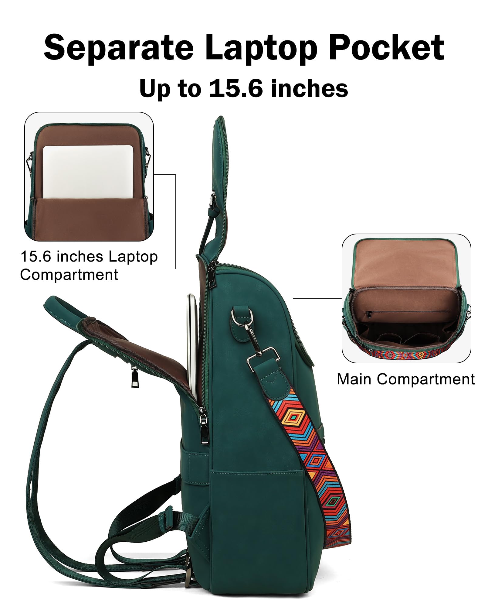 Foto 3 | Mochila para Portátil Fadeon Leather Travel Green 15.6 Pulgadas para Mujer - Venta Internacional