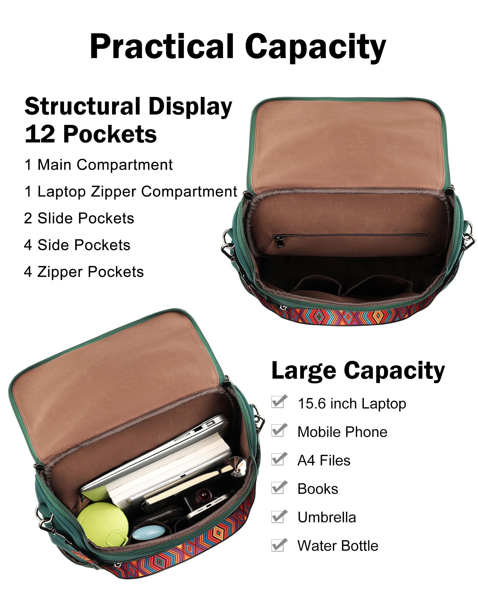 Foto 4 | Mochila para Portátil Fadeon Leather Travel Green 15.6 Pulgadas para Mujer - Venta Internacional