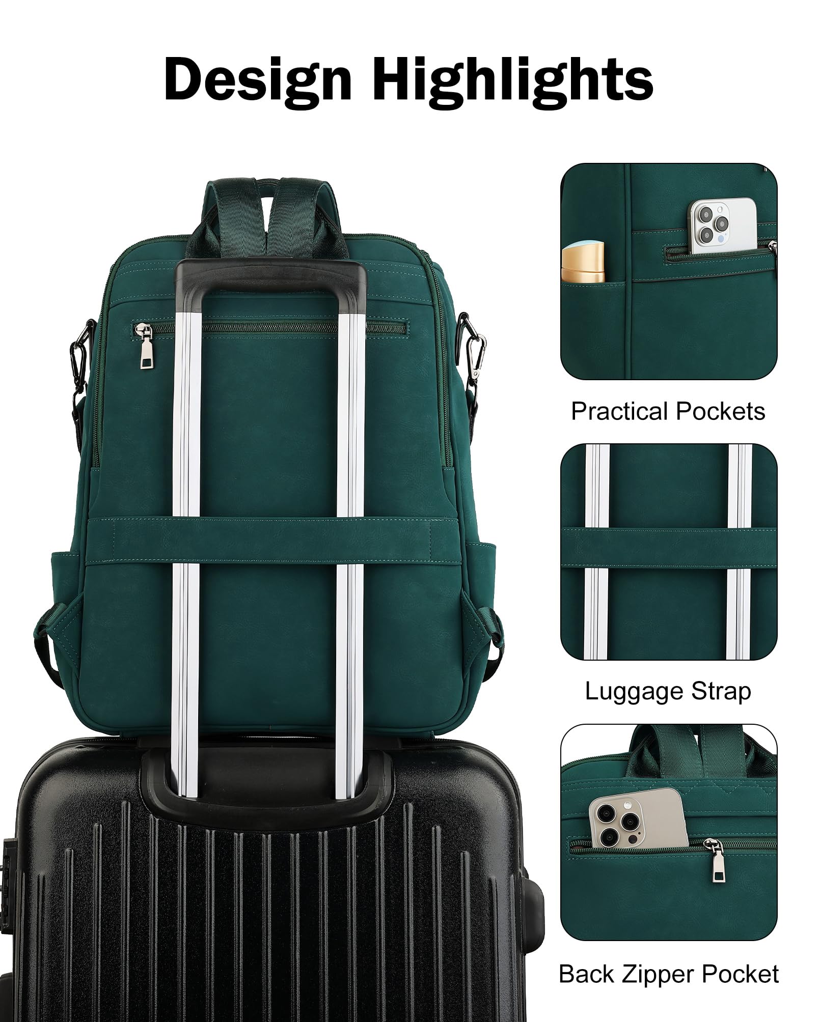 Foto 7 | Mochila para Portátil Fadeon Leather Travel Green 15.6 Pulgadas para Mujer - Venta Internacional