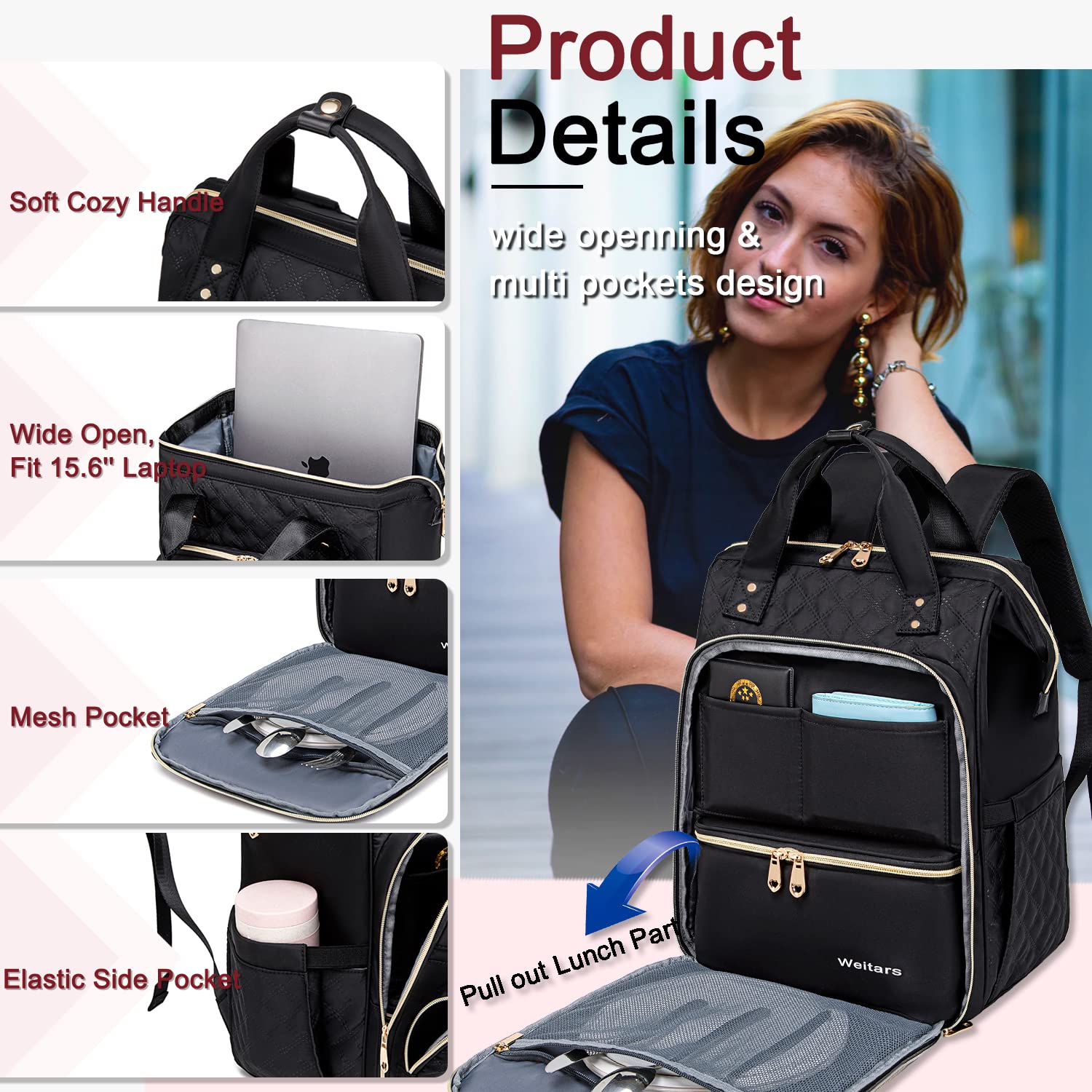 Foto 8 pulgar | Mochila Weitars Negra para Mujer- Venta Internacional