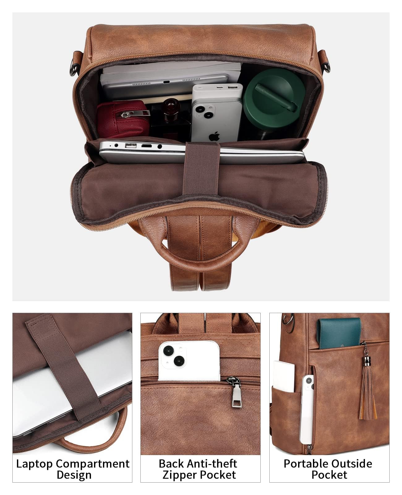 Foto 2 | Mochila de Piel para Portátil Fadeon 15.6'' Marrón - Venta Internacional