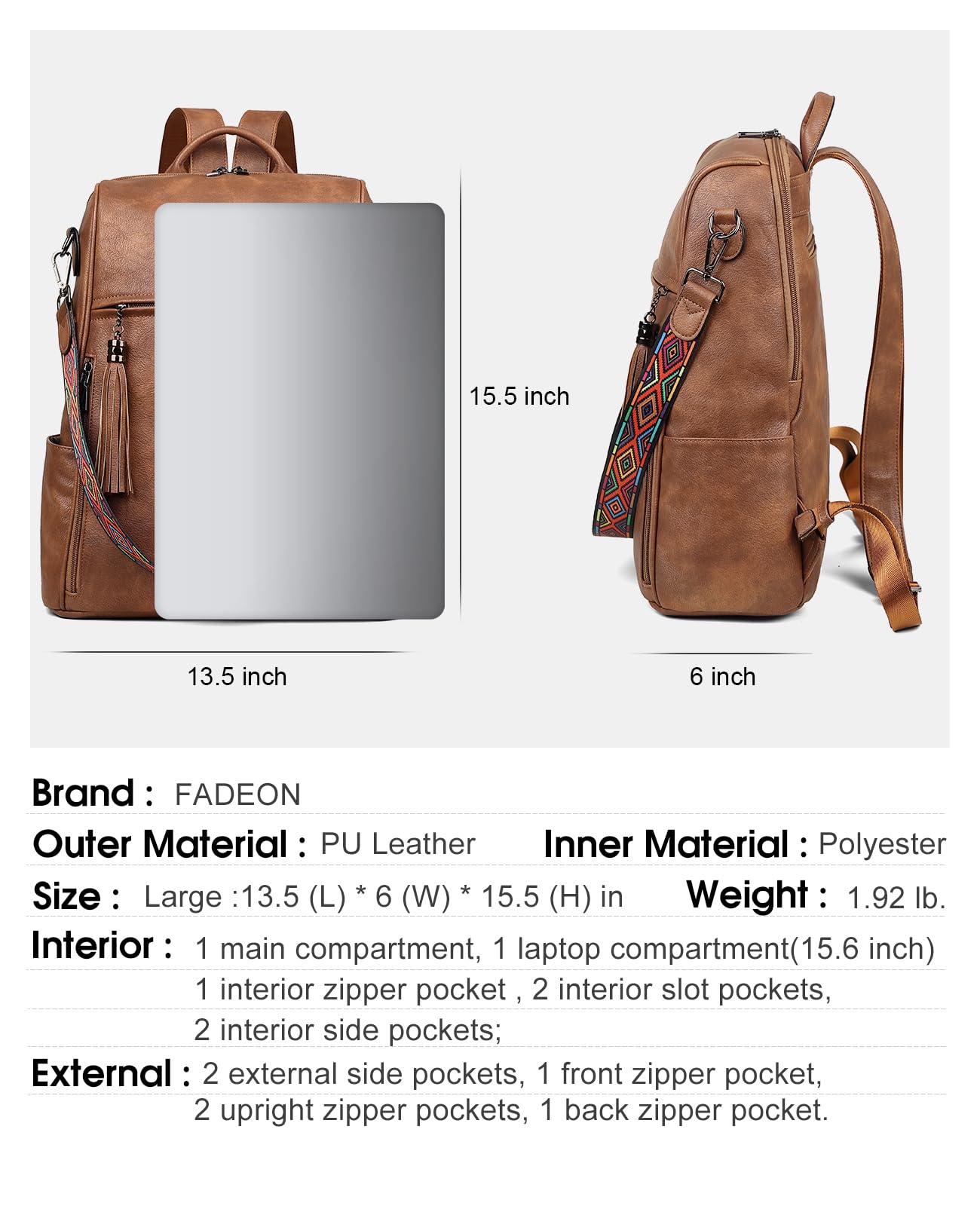 Foto 4 pulgar | Mochila de Piel para Portátil Fadeon 15.6'' Marrón - Venta Internacional