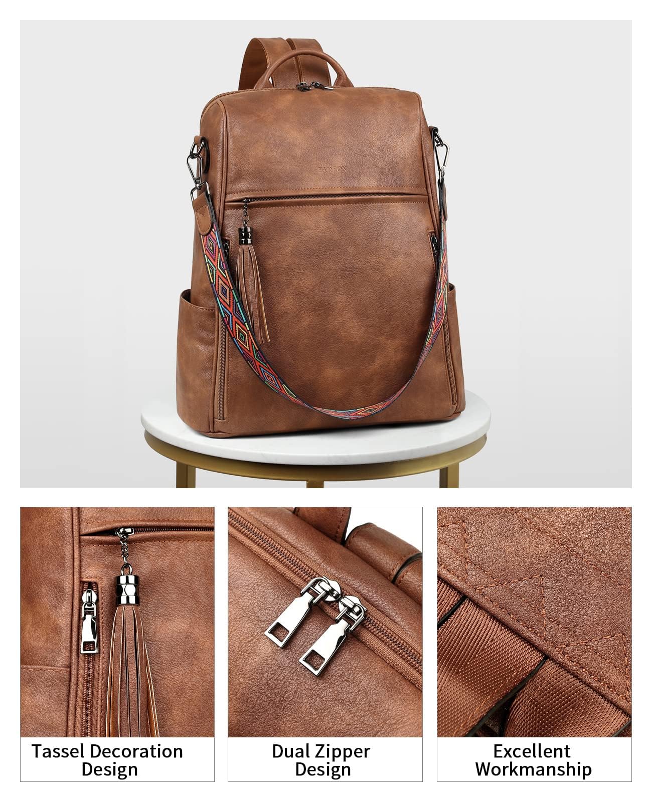 Foto 4 | Mochila de Piel para Portátil Fadeon 15.6'' Marrón - Venta Internacional