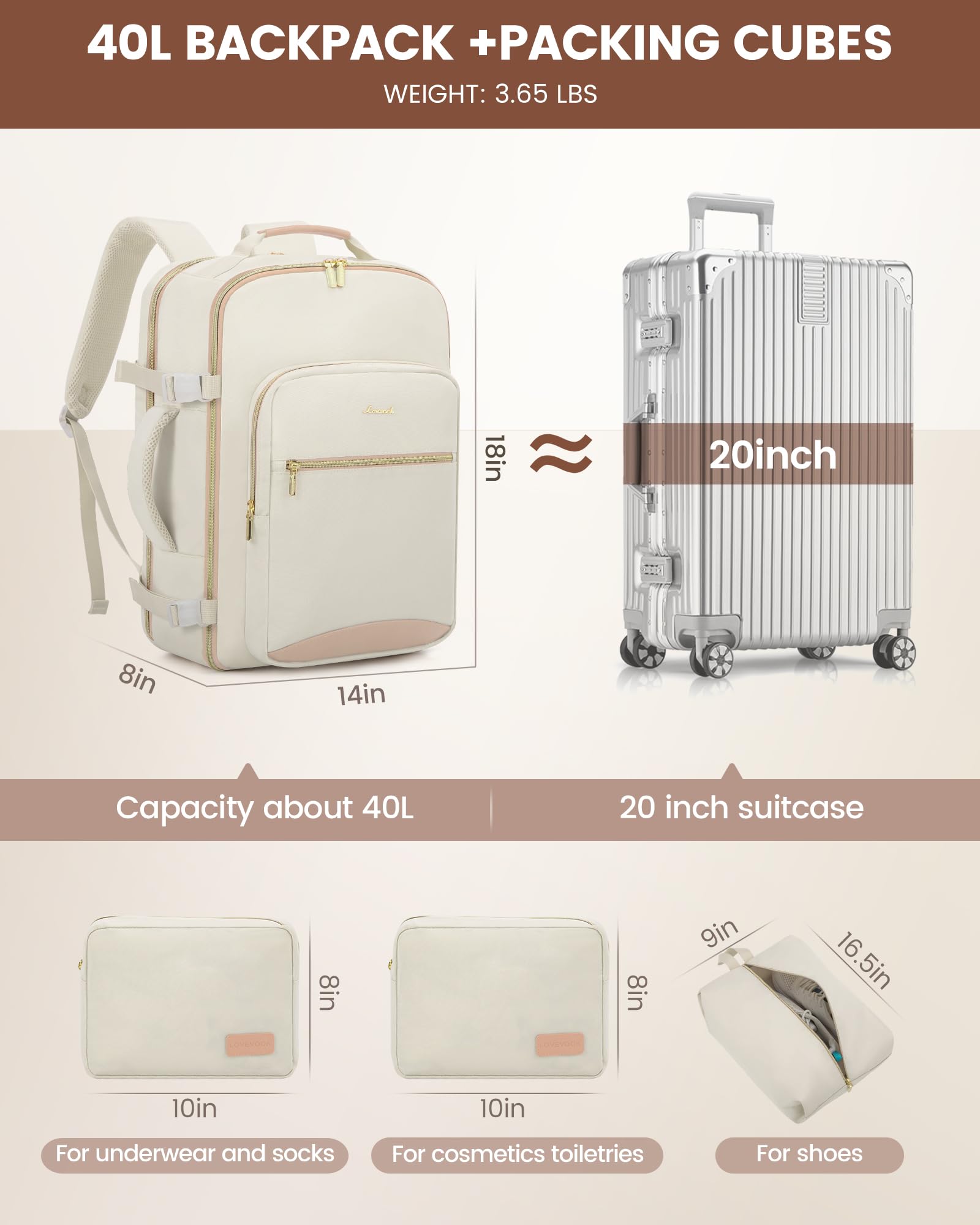 Foto 6 pulgar | Mochila Lovevook de 40 l Beige - Venta Internacional