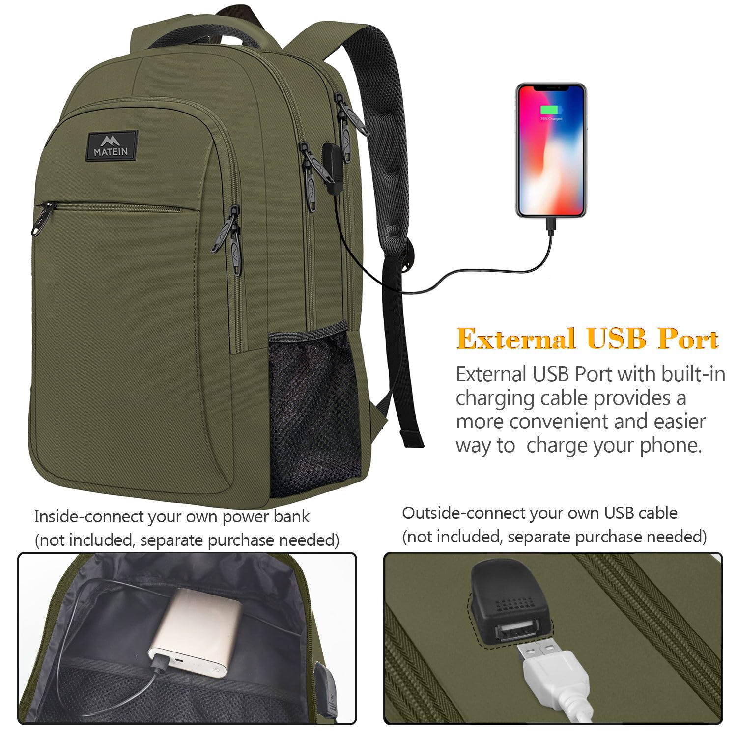 Foto 3 pulgar | Mochila para Portátil Matein de 15,6 Pulgadas con Puerto Usb Verde - Venta Internacional
