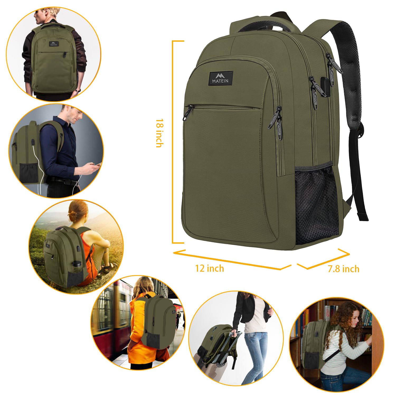 Foto 8 pulgar | Mochila para Portátil Matein de 15,6 Pulgadas con Puerto Usb Verde - Venta Internacional