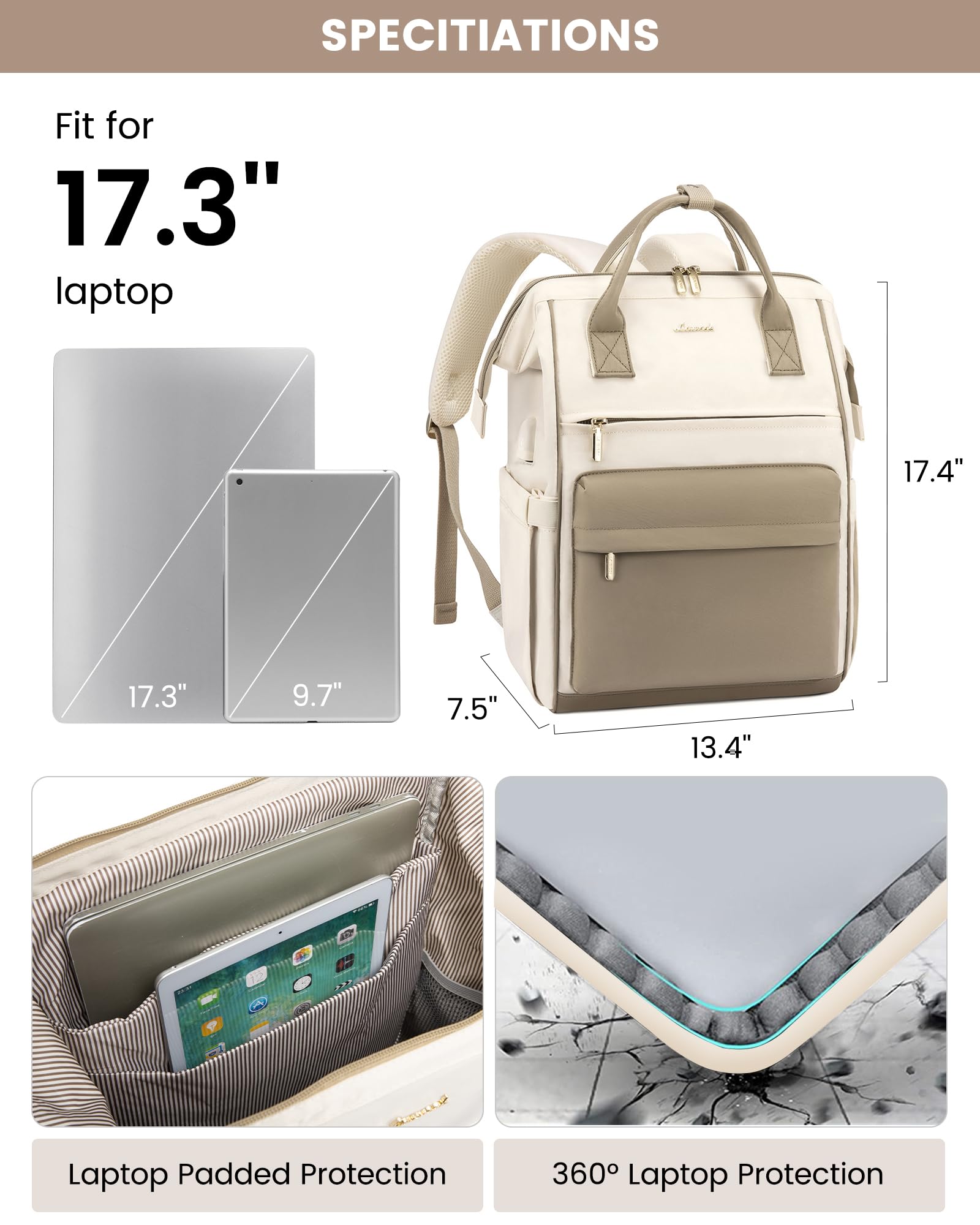 Foto 4 pulgar | Mochila para Laptop LOVEVOOK 17 Pulgadas Beige - Venta Internacional