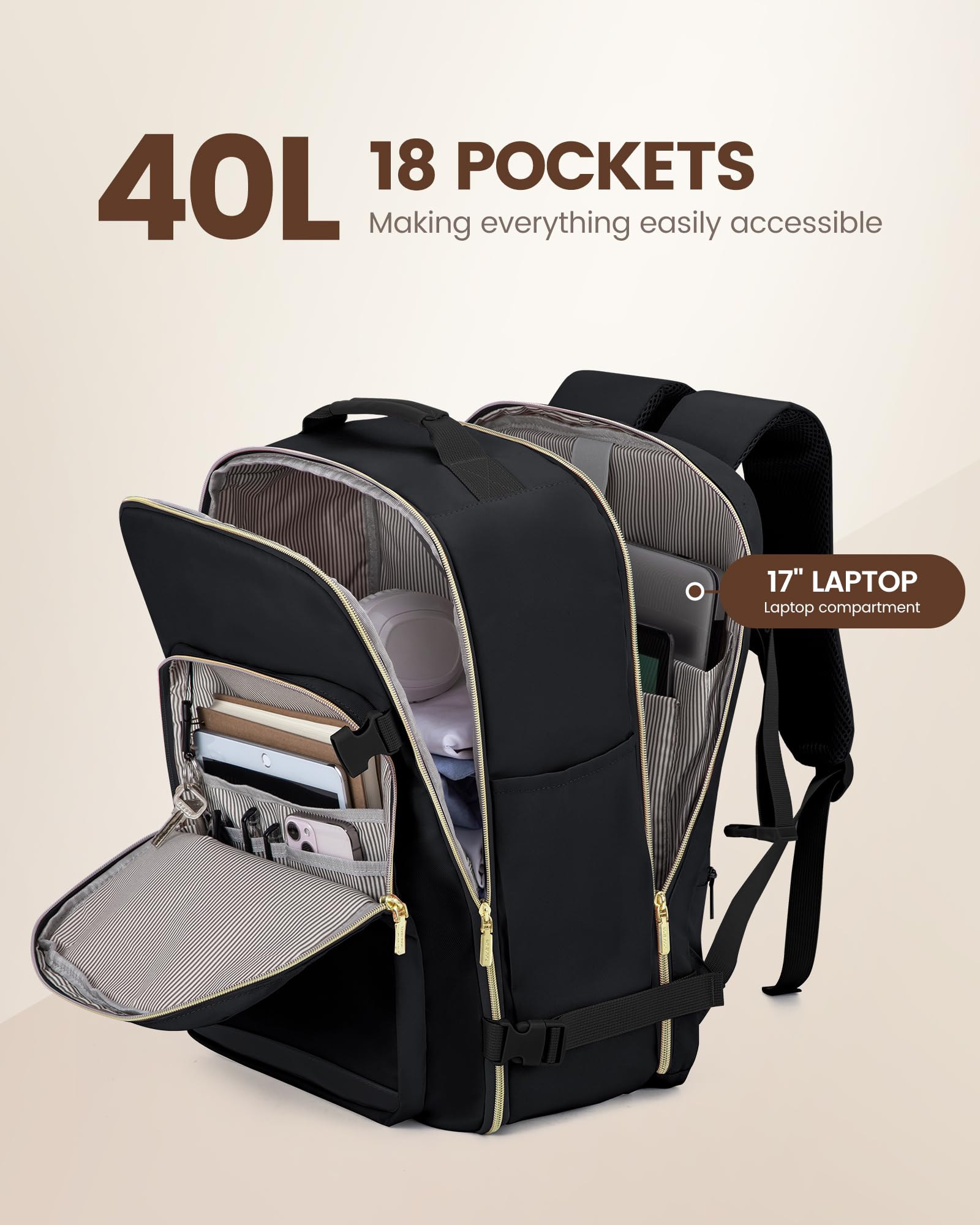 Foto 3 | Mochila de Viaje Lovevook 40L Negra con Espacios para Laptop de 17'' - Venta Internacional