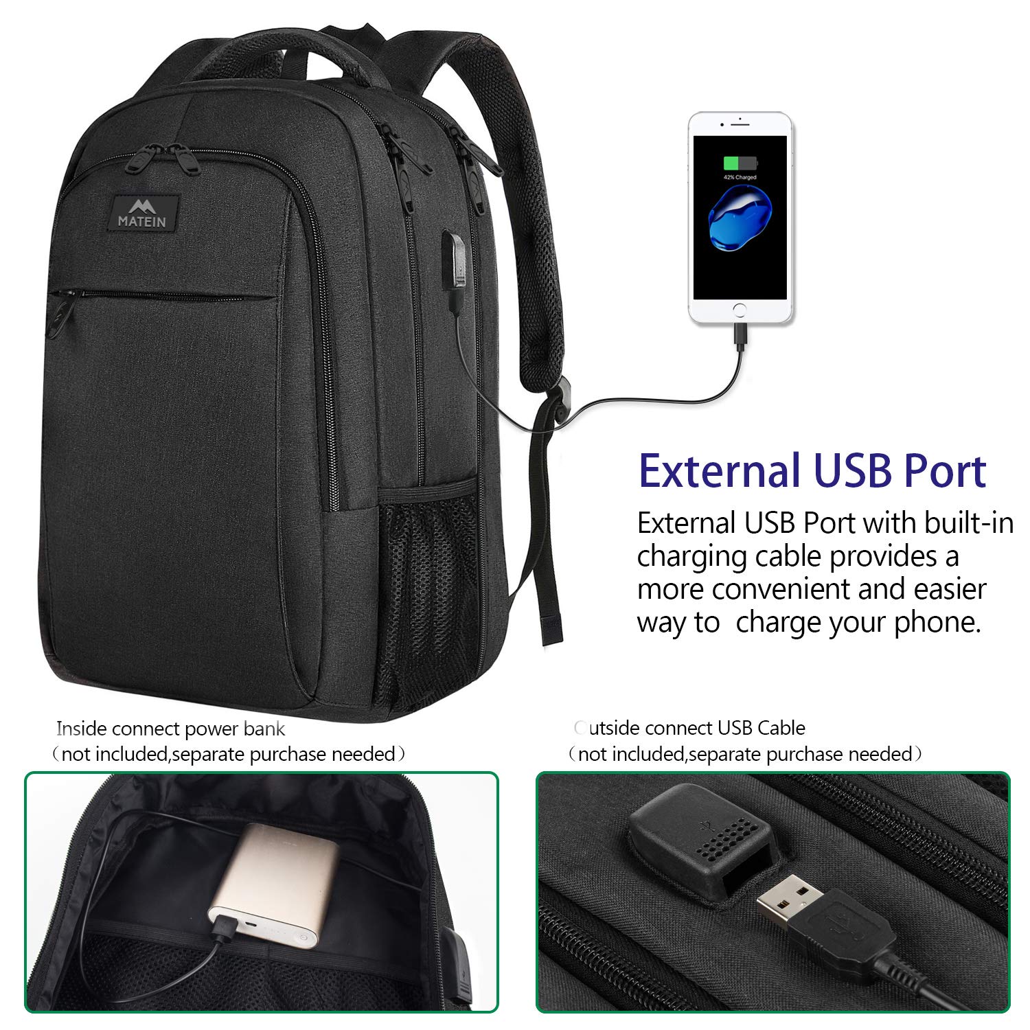 Foto 4 pulgar | Mochila Matein para Laptop Usb 18.4 Pulgadas Negra - Venta Internacional