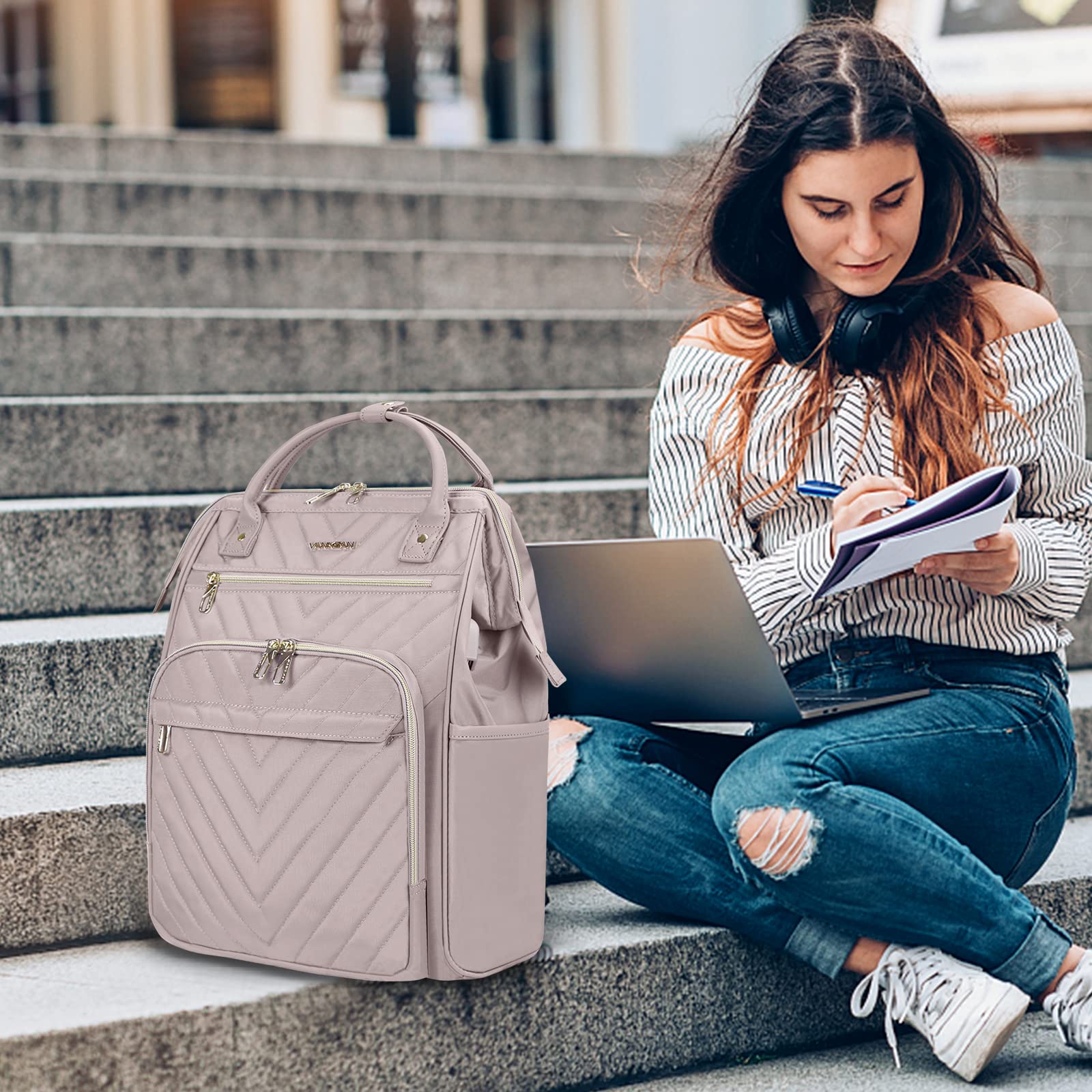 Foto 7 | Mochila Vankean para Laptop 17 Pulgadas Impermeable Rosa Claro - Venta Internacional