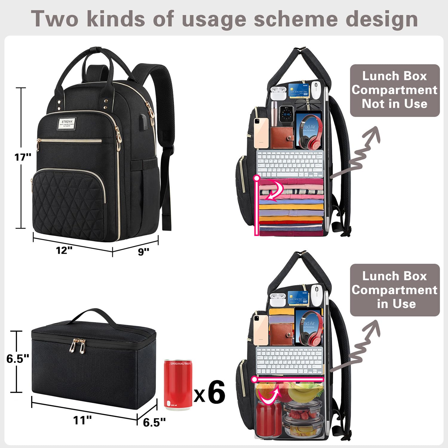 Foto 6 pulgar | Mochila Etronik para Portátil 15,6 Pulgadas y Puerto Usb con Lonchera  - Venta Internacional