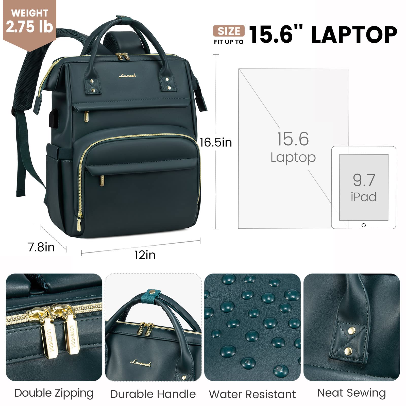 Foto 5 pulgar | Mochila para Portátil Lovevook con Puerto Usb Verde - Venta Internacional