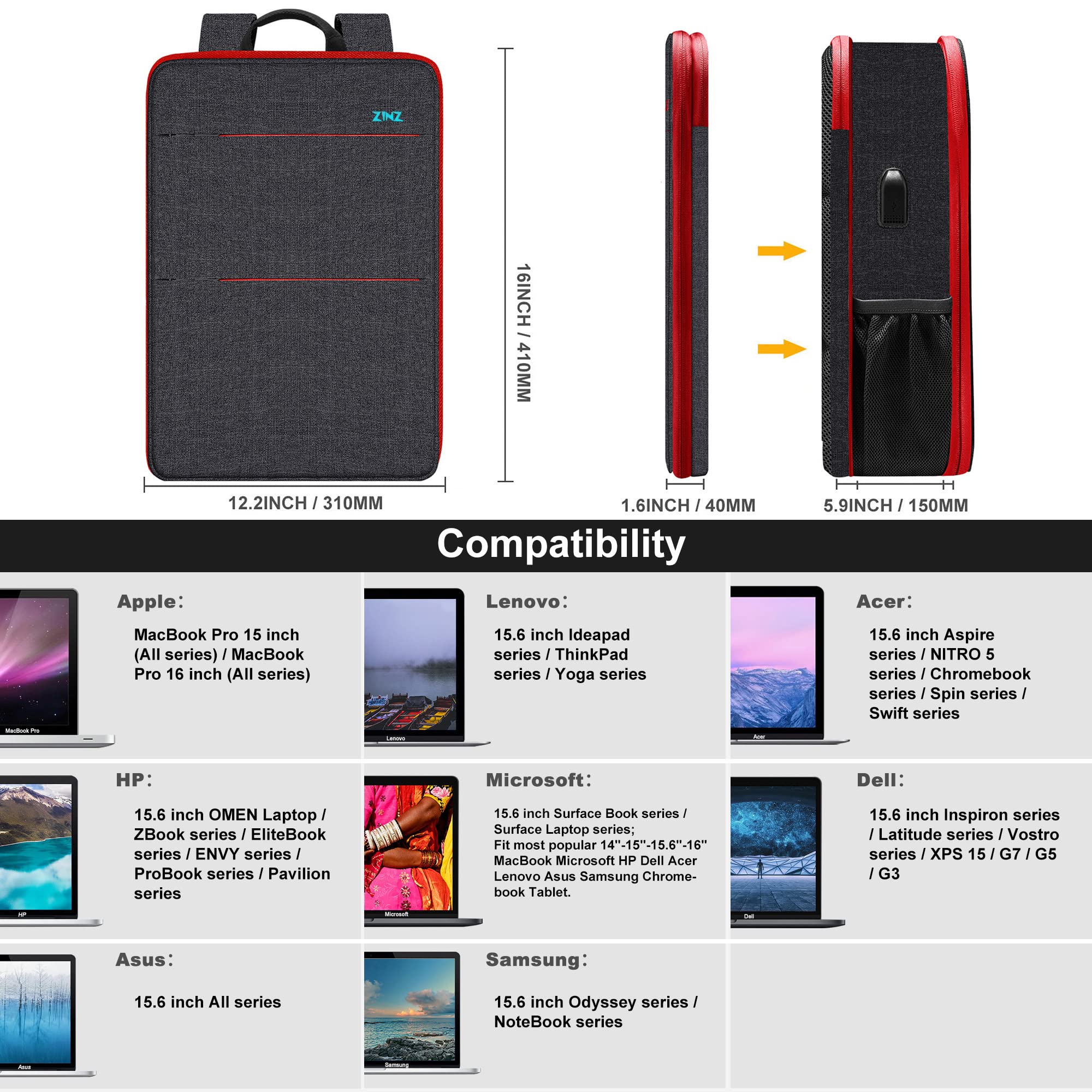 Foto 3 pulgar | Mochila para Laptop Zinz 15.6 Pulgadas con Puerto Usb - Venta Internacional