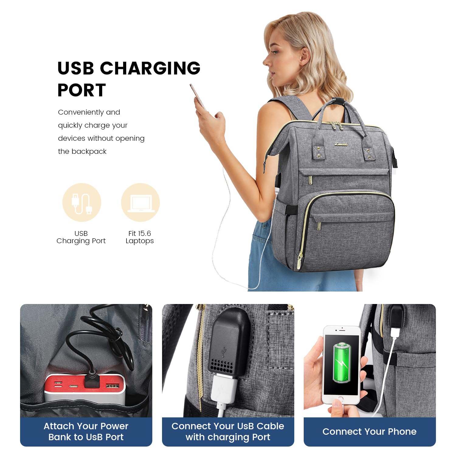 Foto 3 | Mochila para Laptop Lovevook 15.6 Pulgadas Impermeable Gris - Venta Internacional