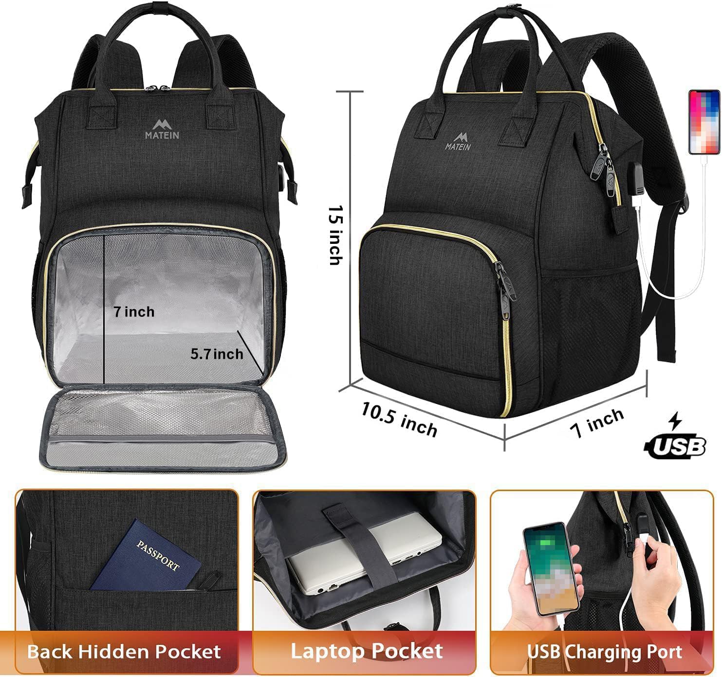 Foto 5 pulgar | Mochila de Almuerzo Matein con Aislamiento y Puerto Usb Para Portátil de 15.6 Pulgadas - Venta Internacional