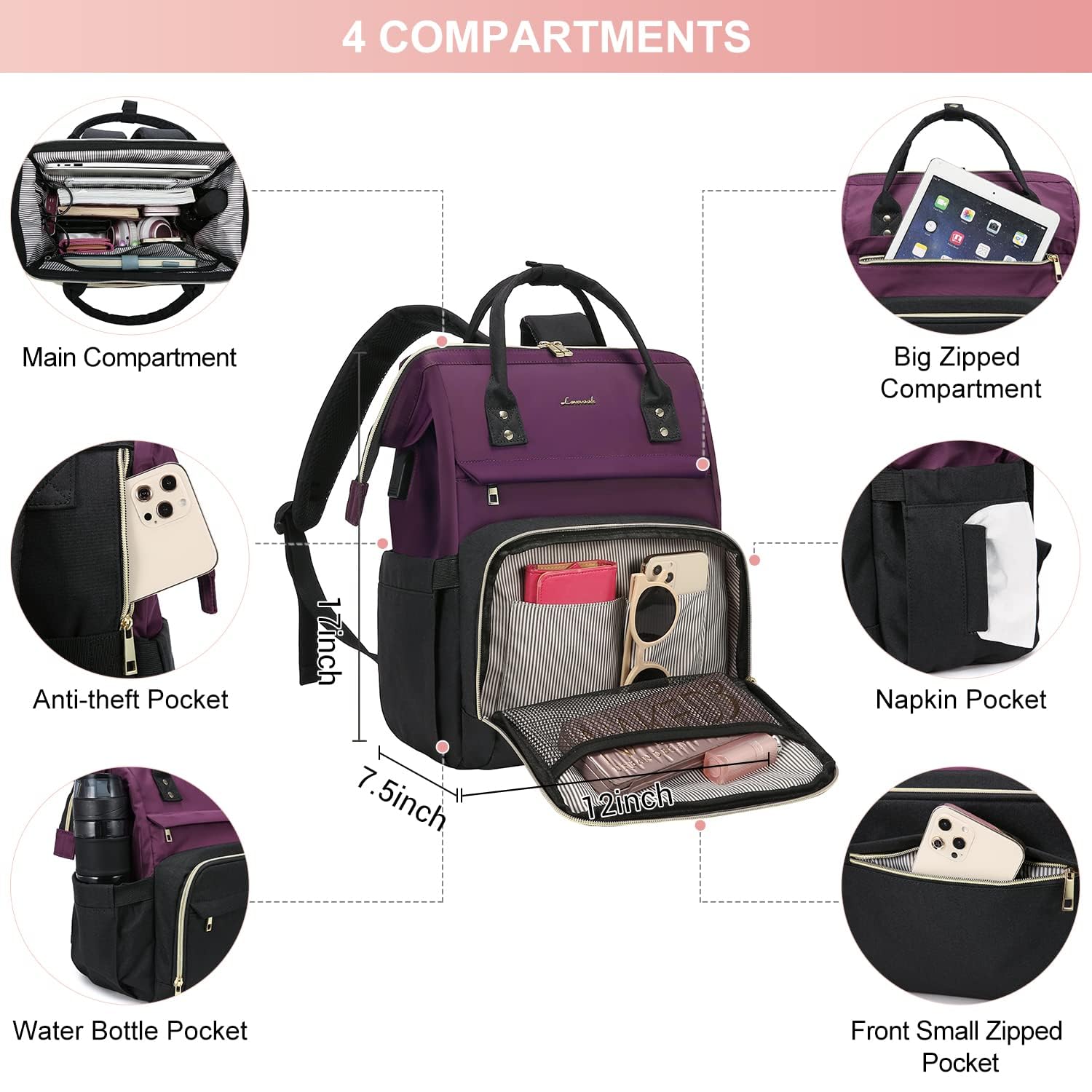 Foto 6 pulgar | Mochila para Portátil Lovevook Fashion Business Morada - Venta Internacional