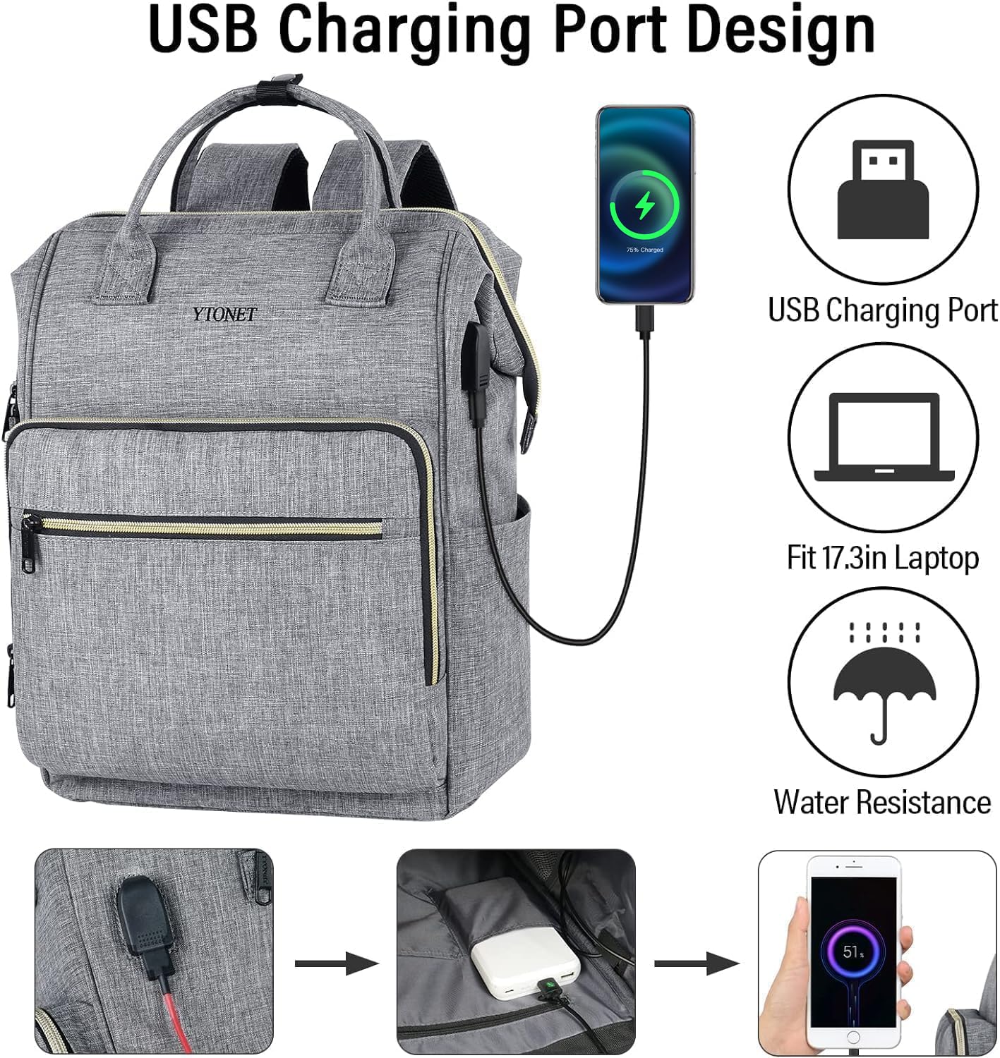 Foto 5 pulgar | Mochila Ytonet para Laptop 17,3'' Gris - Venta Internacional
