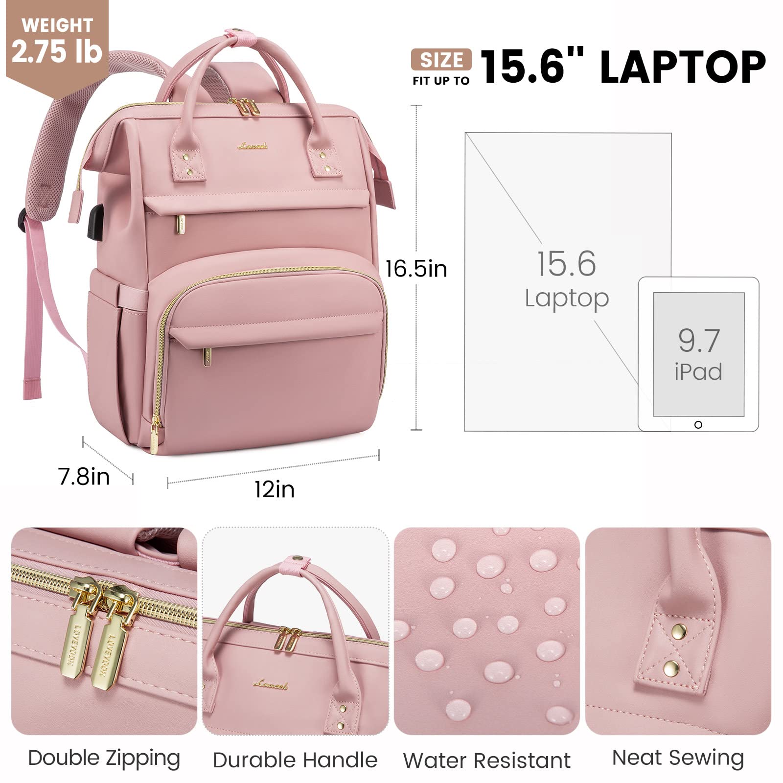 Foto 6 pulgar | Mochila Lovevook Rosa para Laptop de 15.6"-Venta Internacional