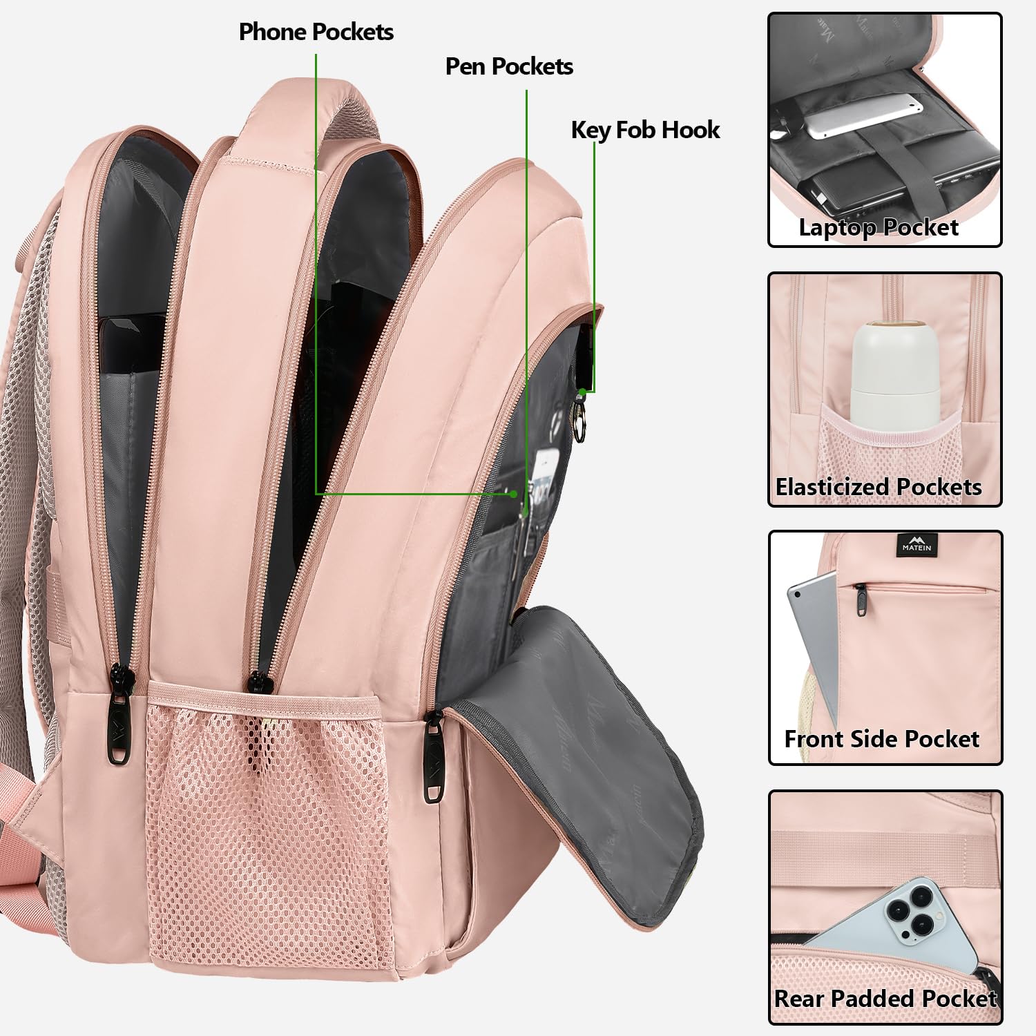 Foto 3 pulgar | Mochila Matein para Laptop de 15.6 Pulgadas con Puerto USB Rosa - Venta Internacional
