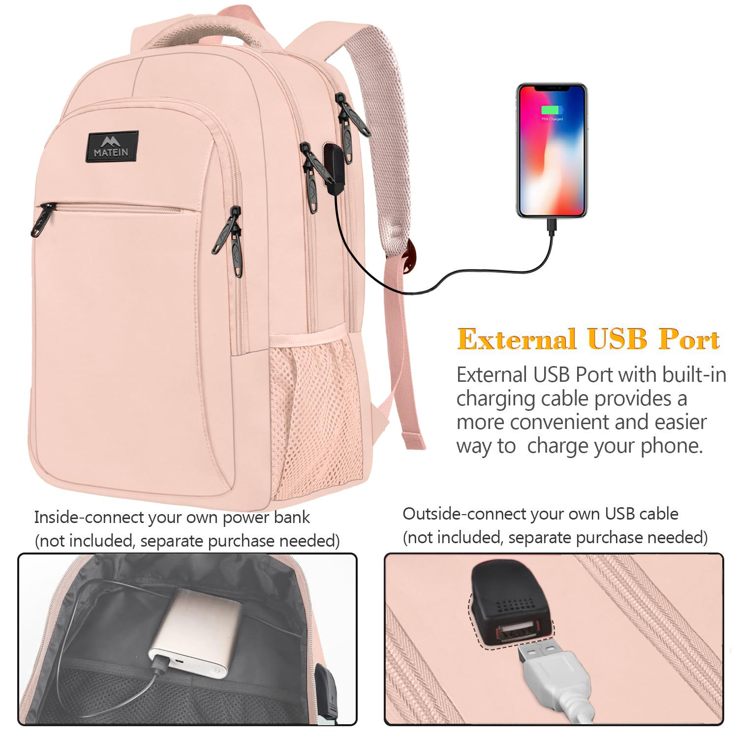 Foto 4 pulgar | Mochila Matein para Laptop de 15.6 Pulgadas con Puerto USB Rosa - Venta Internacional