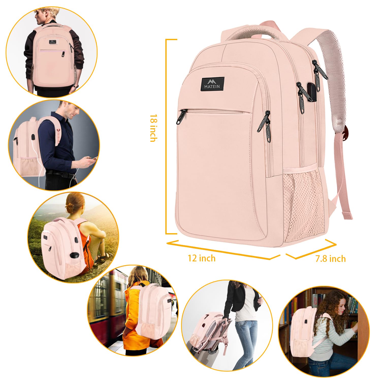Foto 7 pulgar | Mochila Matein para Laptop de 15.6 Pulgadas con Puerto USB Rosa - Venta Internacional