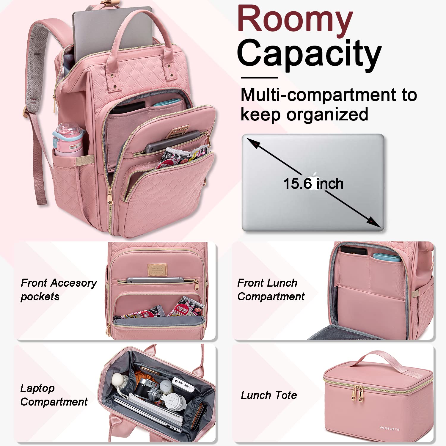 Foto 3 pulgar | Mochila Weitars para Mujer con Espacio para Portátil de 15,6 Pulgadas + Lonchera - Venta Internacional