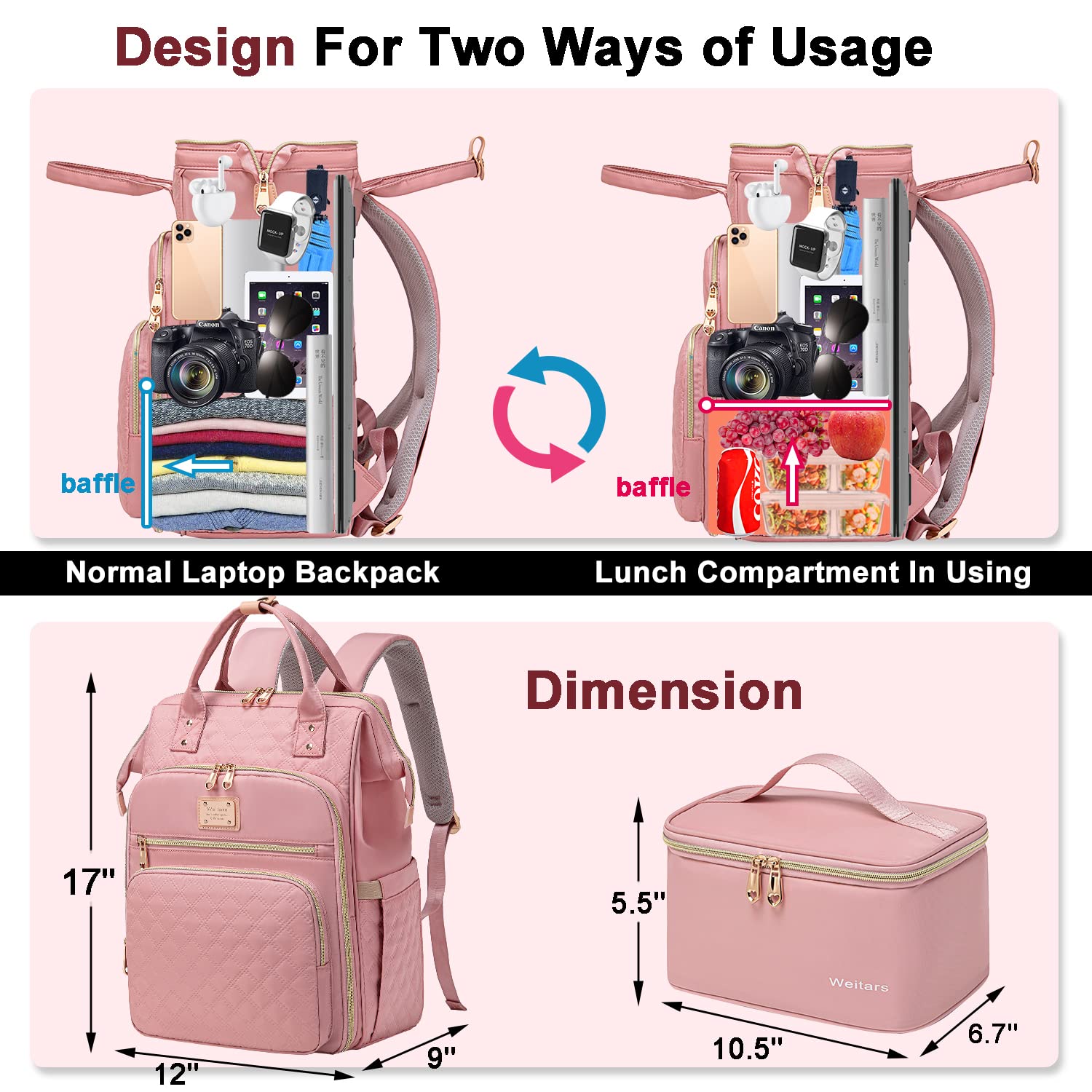 Foto 5 pulgar | Mochila Weitars para Mujer con Espacio para Portátil de 15,6 Pulgadas + Lonchera - Venta Internacional