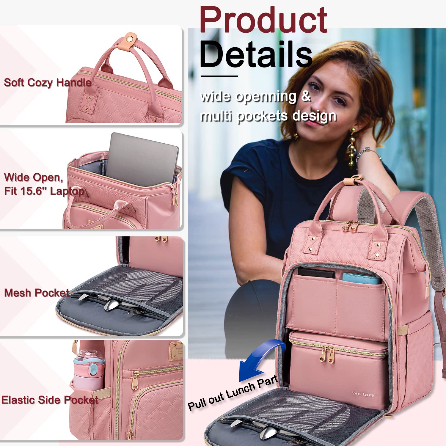 Foto 8 pulgar | Mochila Weitars para Mujer con Espacio para Portátil de 15,6 Pulgadas + Lonchera - Venta Internacional