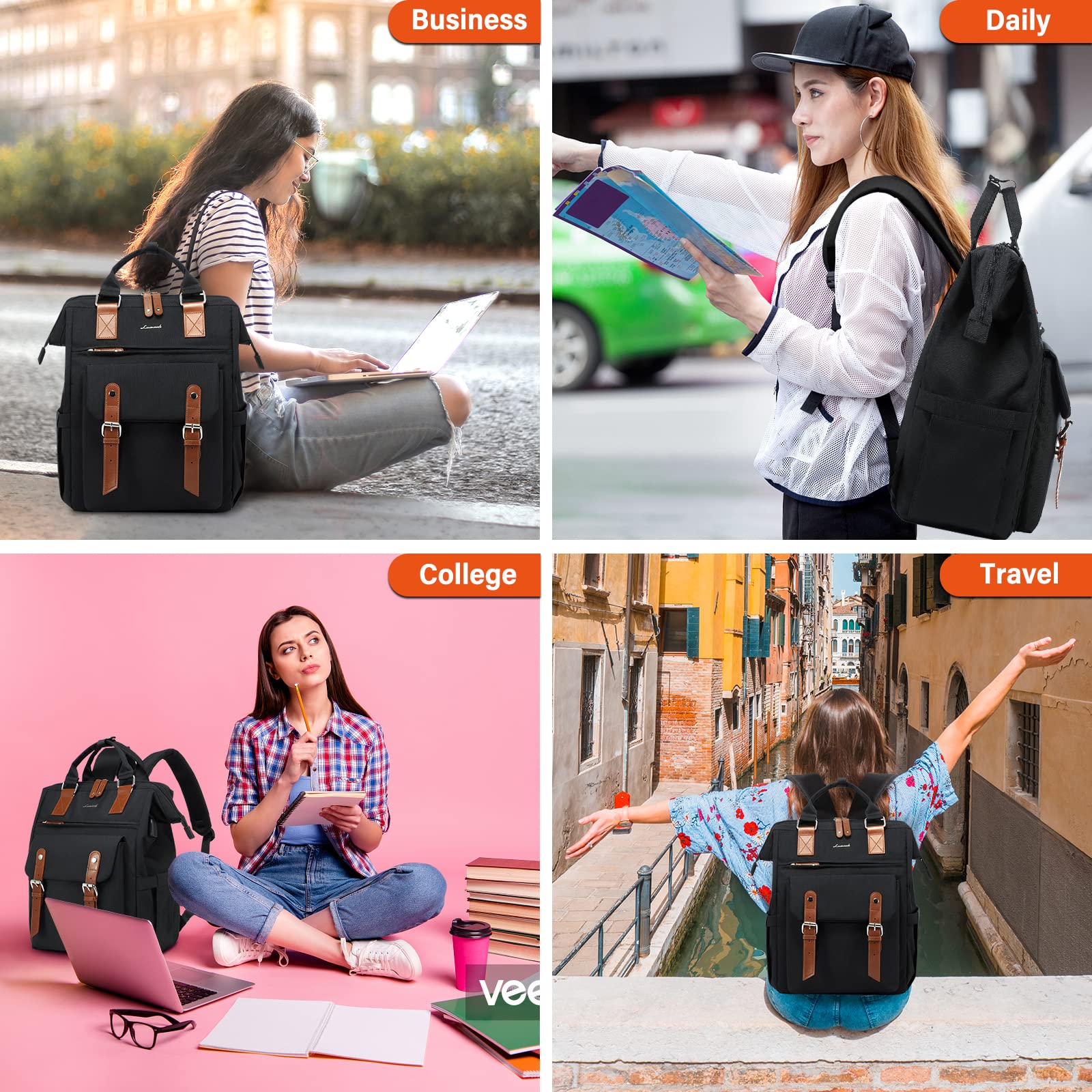 Foto 8 pulgar | Mochila para Portátil Lovevook para Mujer de 15,6 Pulgadas con Puerto USB Negro - Venta Internacional