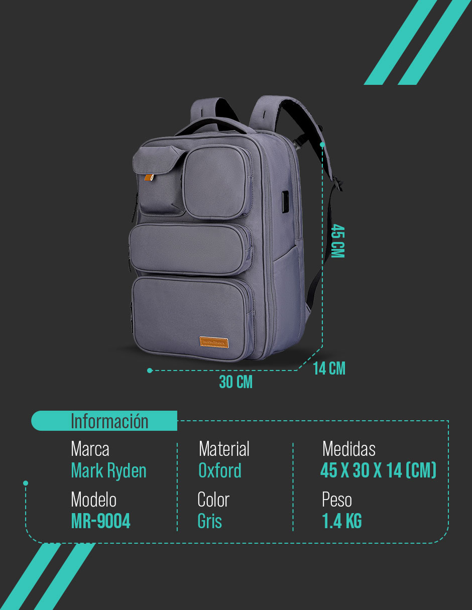 Foto 6 pulgar | Mochila Casual Marca Mark Ryden Modelo 9004 Color Gris Repelente Al Agua