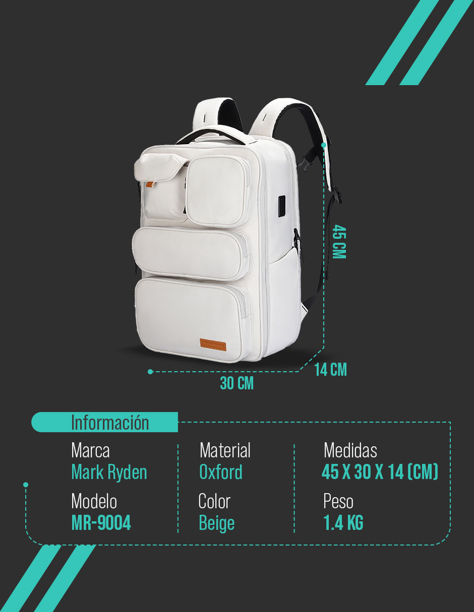 Foto 7 pulgar | Mochila Casual Marca Mark Ryden Modelo 9004 Color Beige Repelente Al Agua