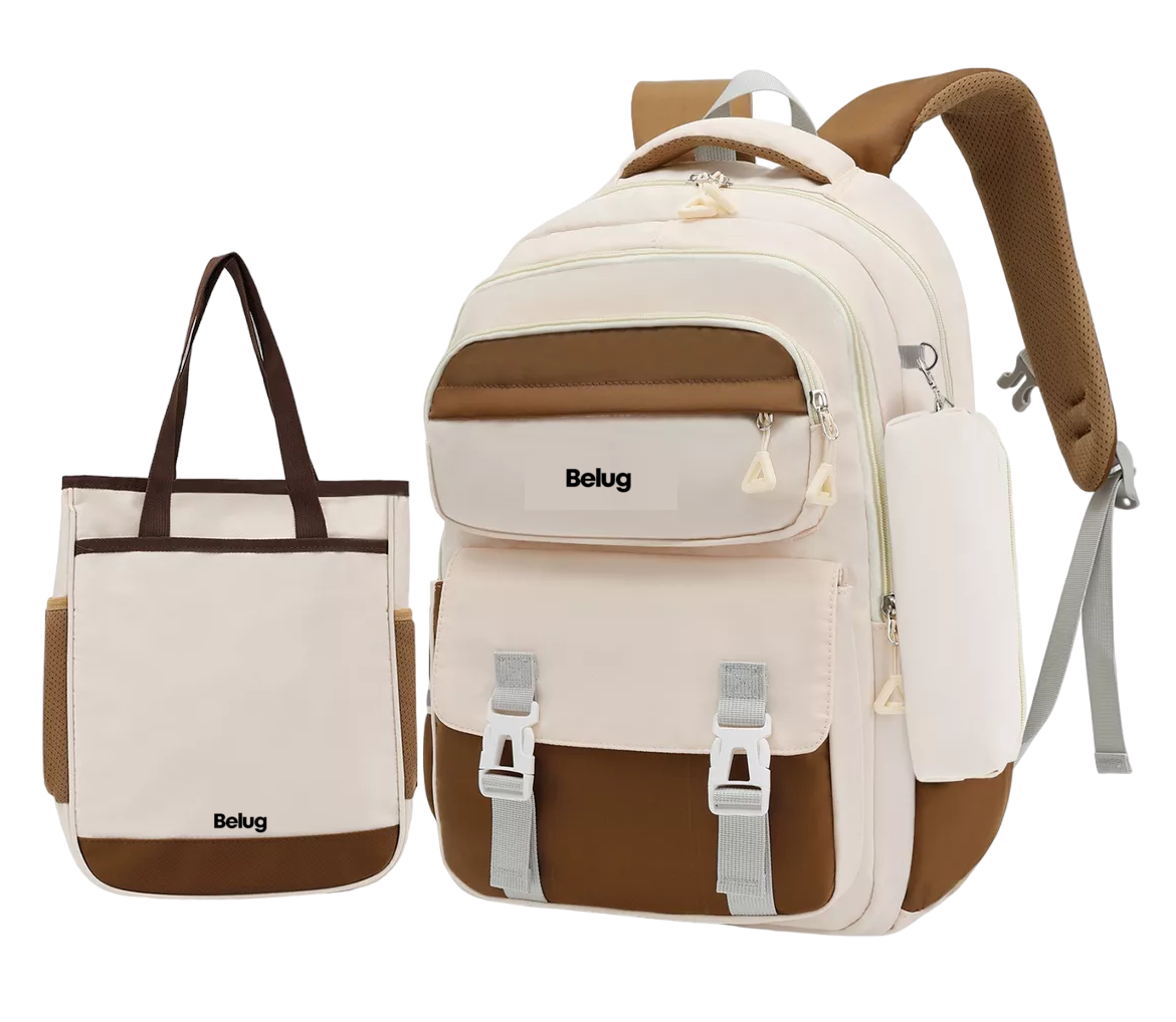 Mochila Escolar De Viaje Para Laptop Belug Gran Capacidad Set De 3 Piezas Beige/marrón