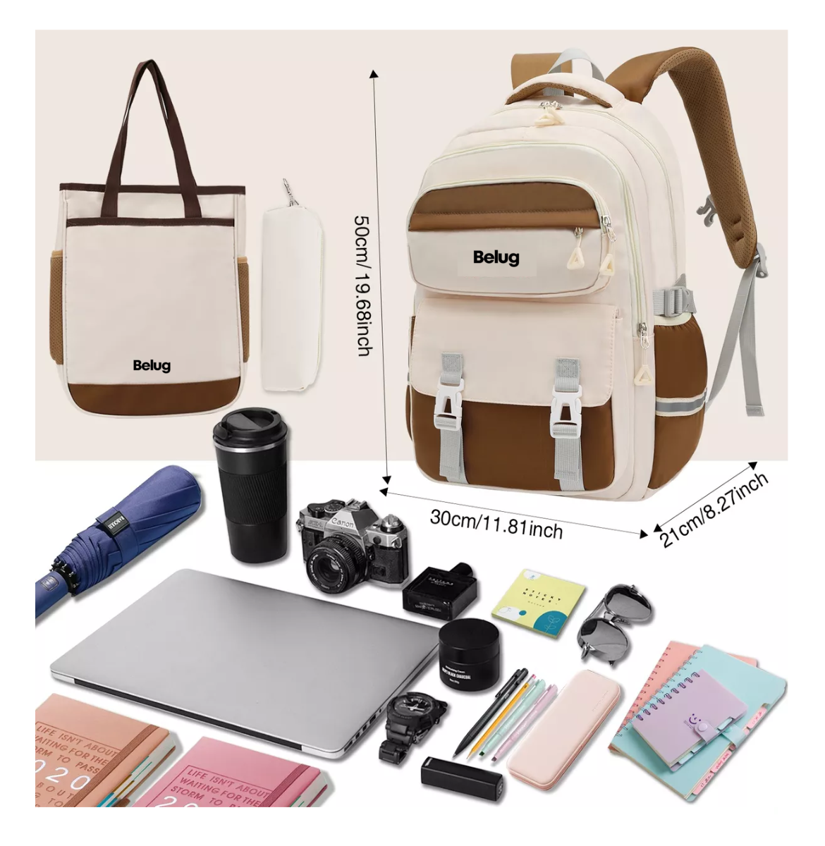 Foto 2 | Mochila Escolar De Viaje Para Laptop Belug Gran Capacidad Set De 3 Piezas Beige/marrón