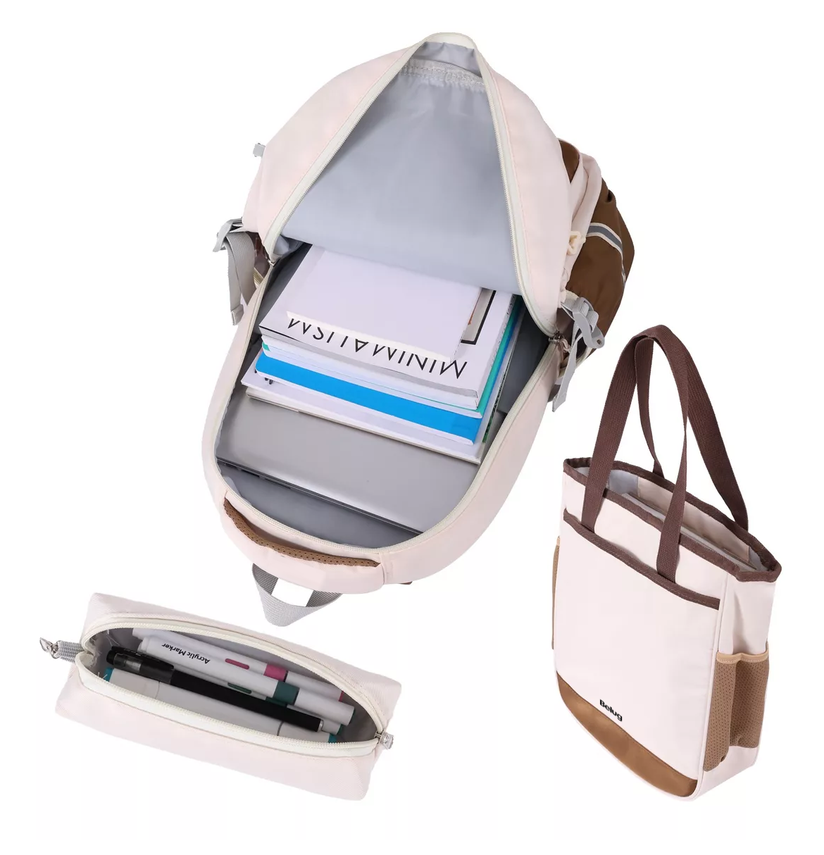 Foto 4 pulgar | Mochila Escolar De Viaje Para Laptop Belug Gran Capacidad Set De 3 Piezas Beige/marrón