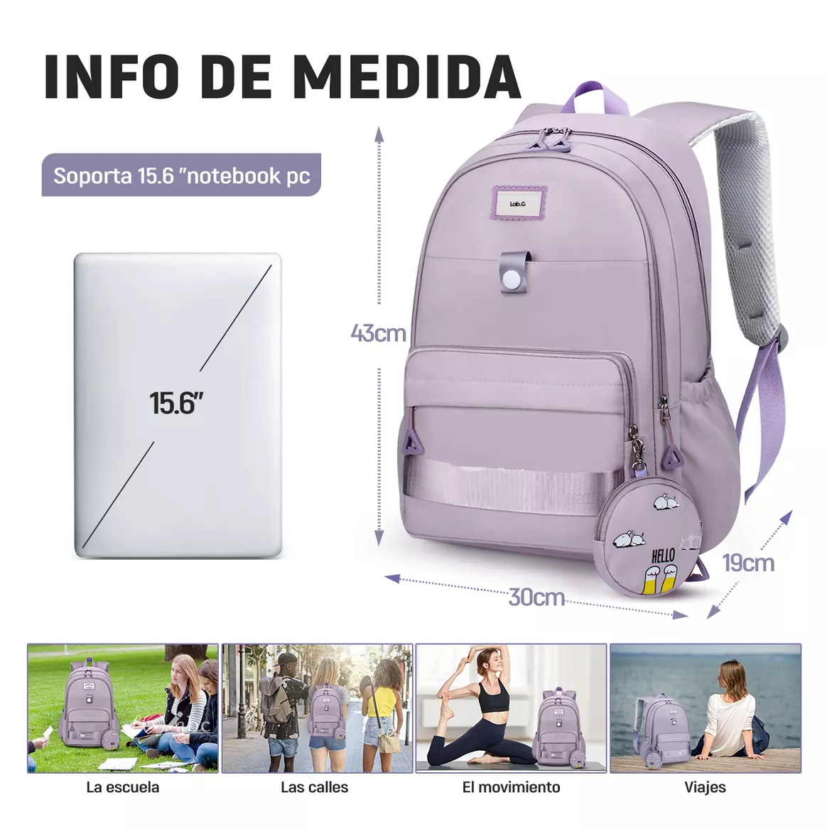 Foto 3 pulgar | Mochila Escolar Lab.g De Viaje Bolsa Juvenil De Moda Para Laptop Color Violeta