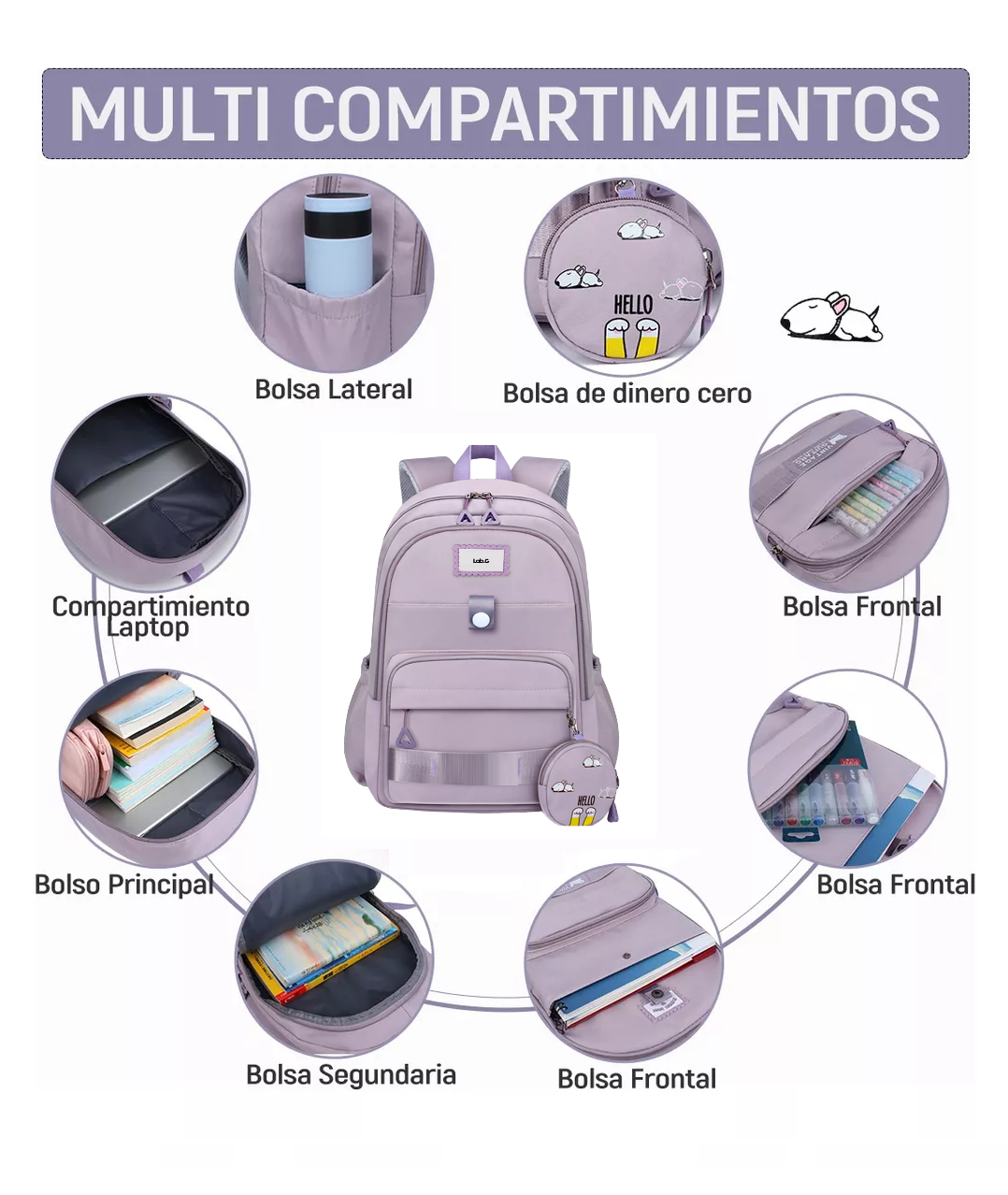 Foto 6 pulgar | Mochila Escolar Lab.g De Viaje Bolsa Juvenil De Moda Para Laptop Color Violeta