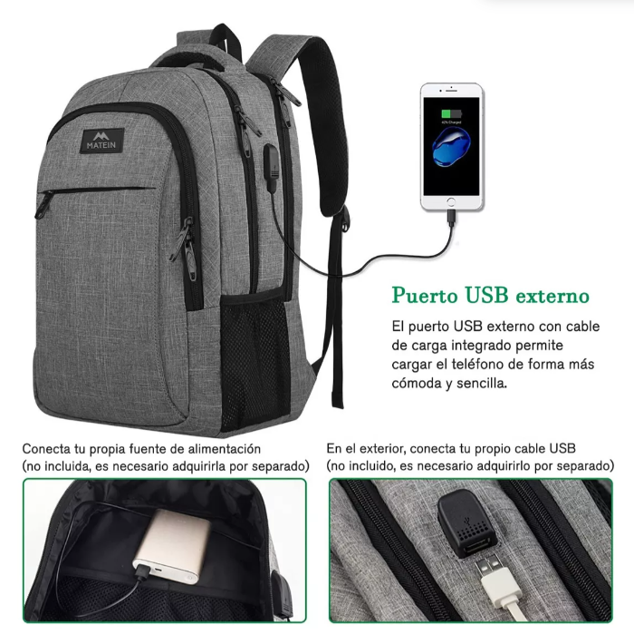 Foto 3 pulgar | Mochila para Laptop 15.6 " Antirrobo e Impermeable Matein 1007 Gris