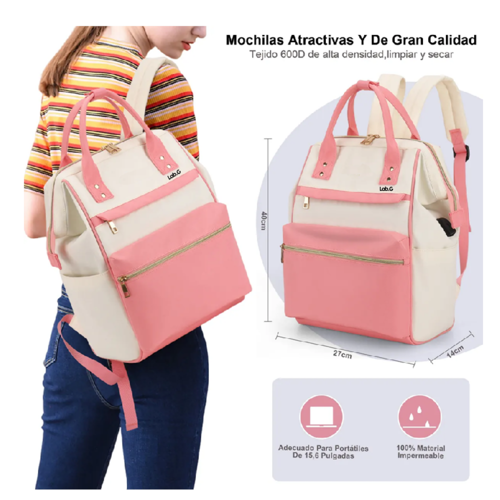 Foto 4 pulgar | Mochila Para Laptop Escolar Lab.gmochila Impermeable Rosa-blanco