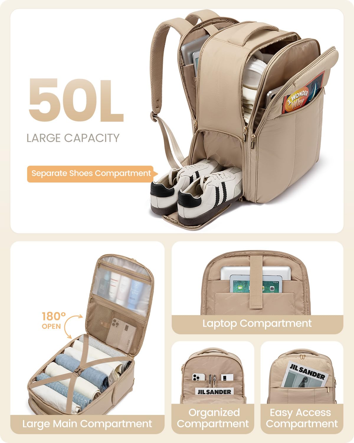 Foto 2 | Mochila De Viaje Lovevook Para Mujer Con Compartimento Para Zapatos 50l - Venta Internacional.