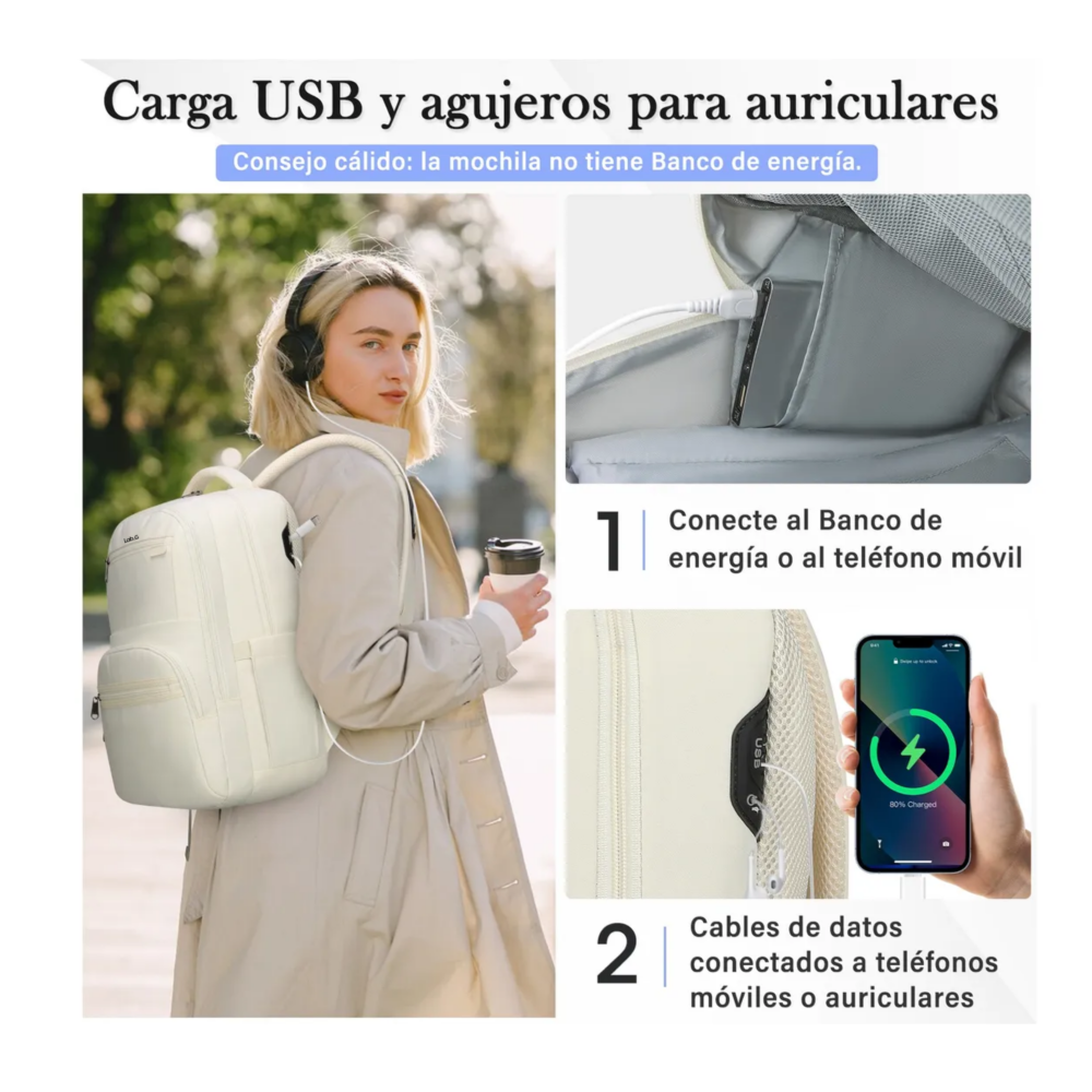Foto 3 | Mochila Para Laptop Mujer 15.6inch  Lab.g Mochila Escolar Beige
