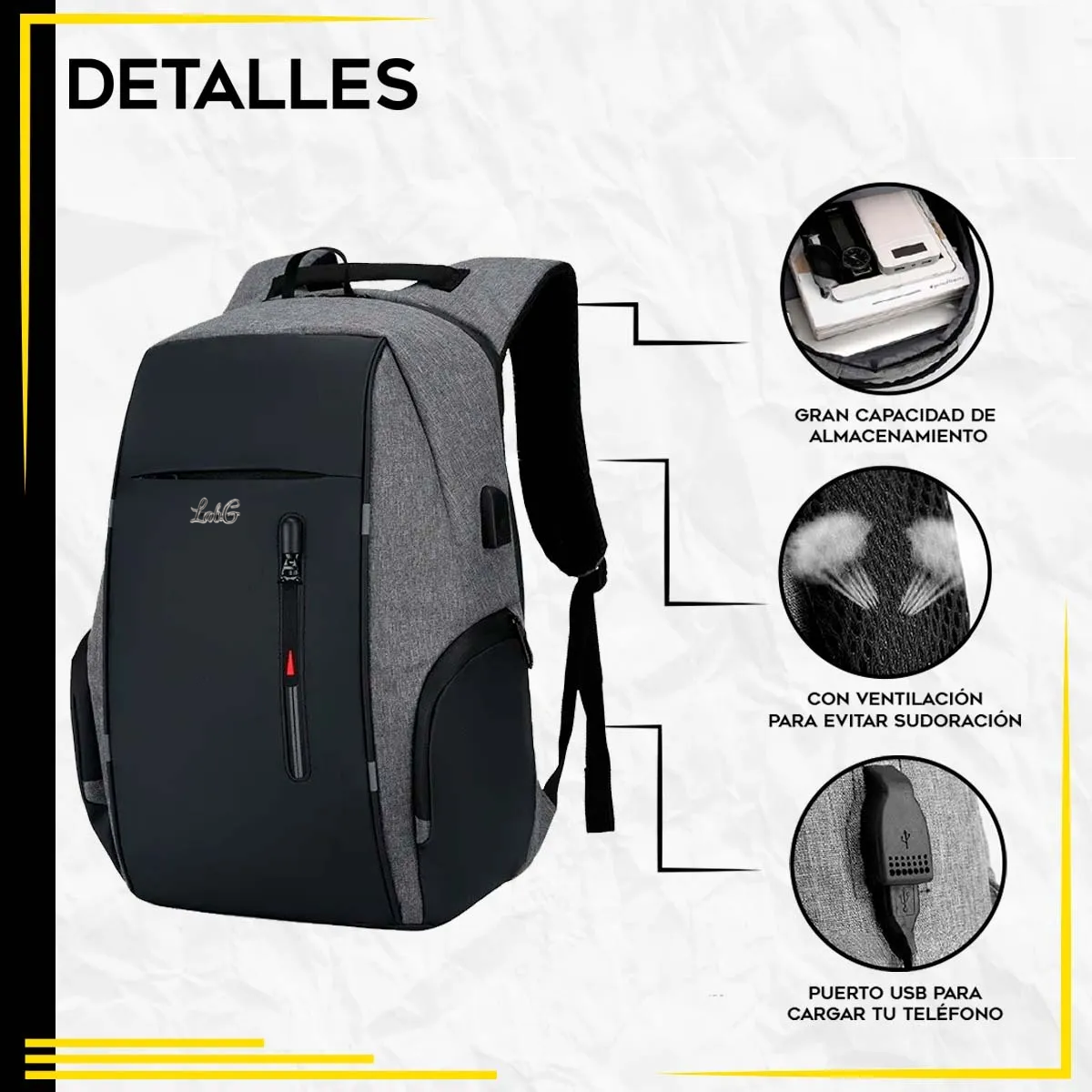 Foto 5 pulgar | Mochila De Gran Capacidad Antirrobo Para Laptop Cargador Usb Lab.g Gris